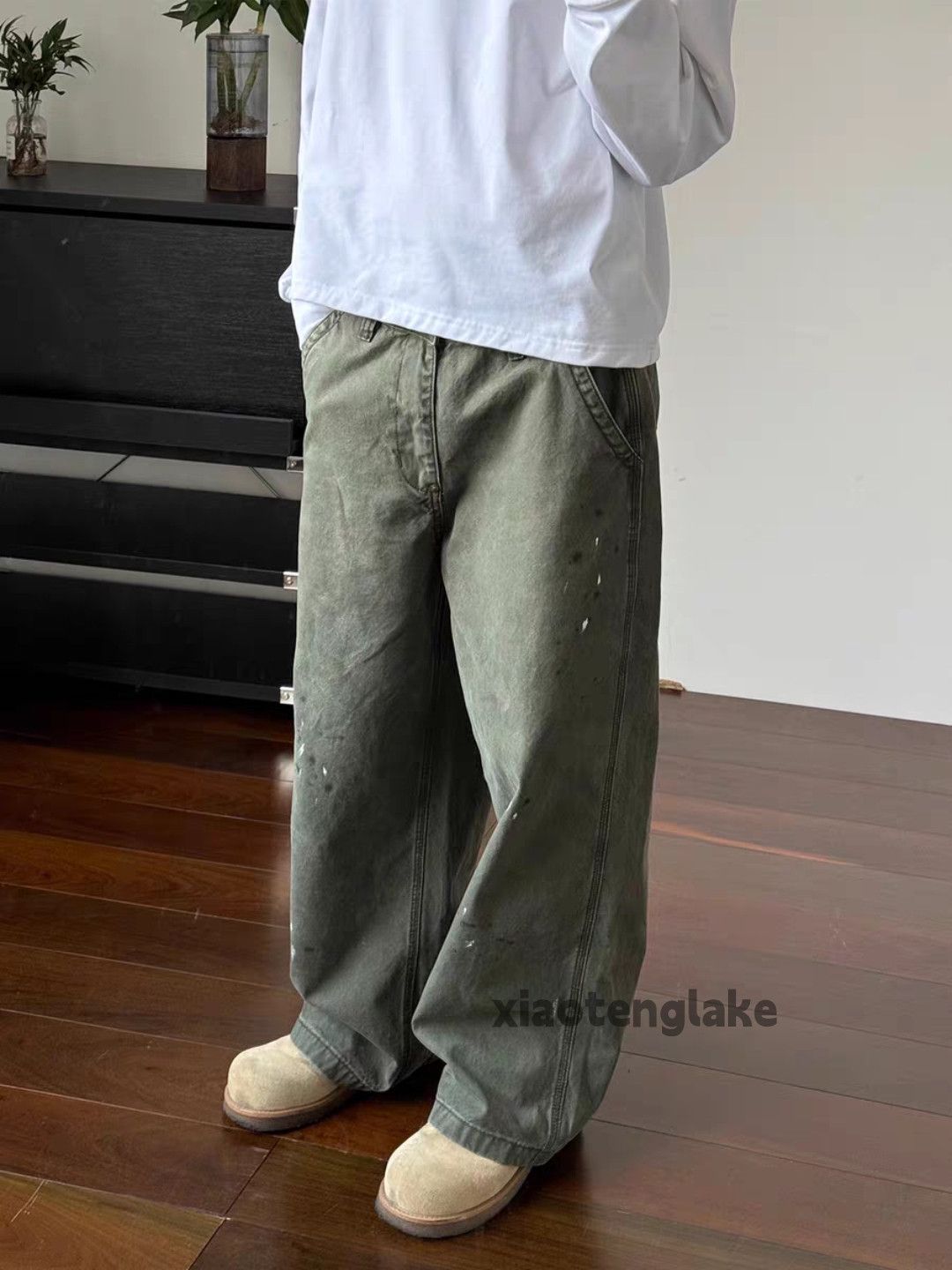 Unisex washed faded loose hiphop paint carpenter pants