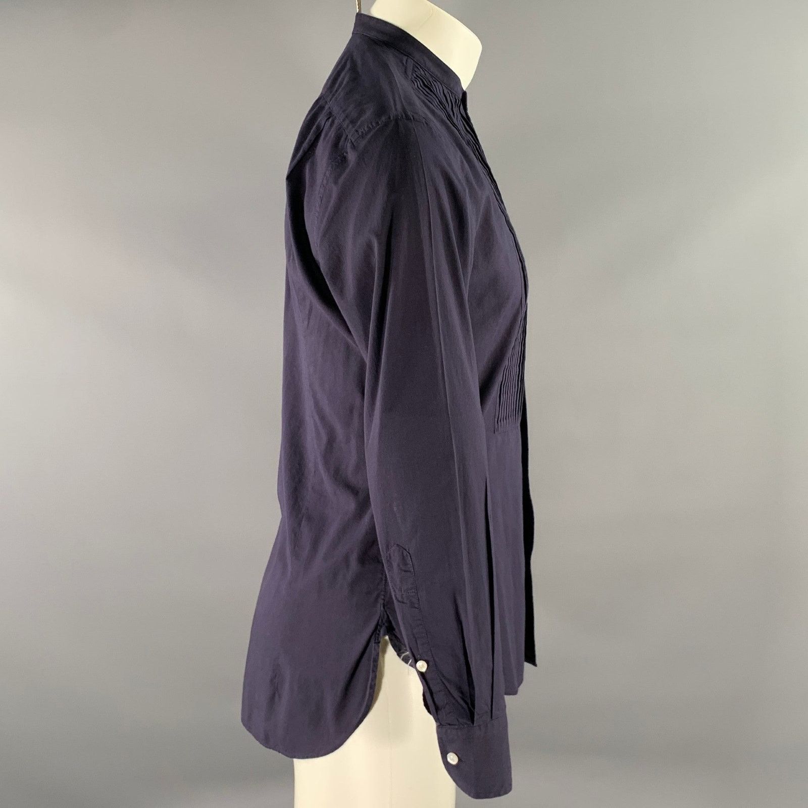 Ralph Lauren RALPH LAUREN S Navy Pleated Band Collar Long Sleeve Shirt Size 34S - 3 Thumbnail