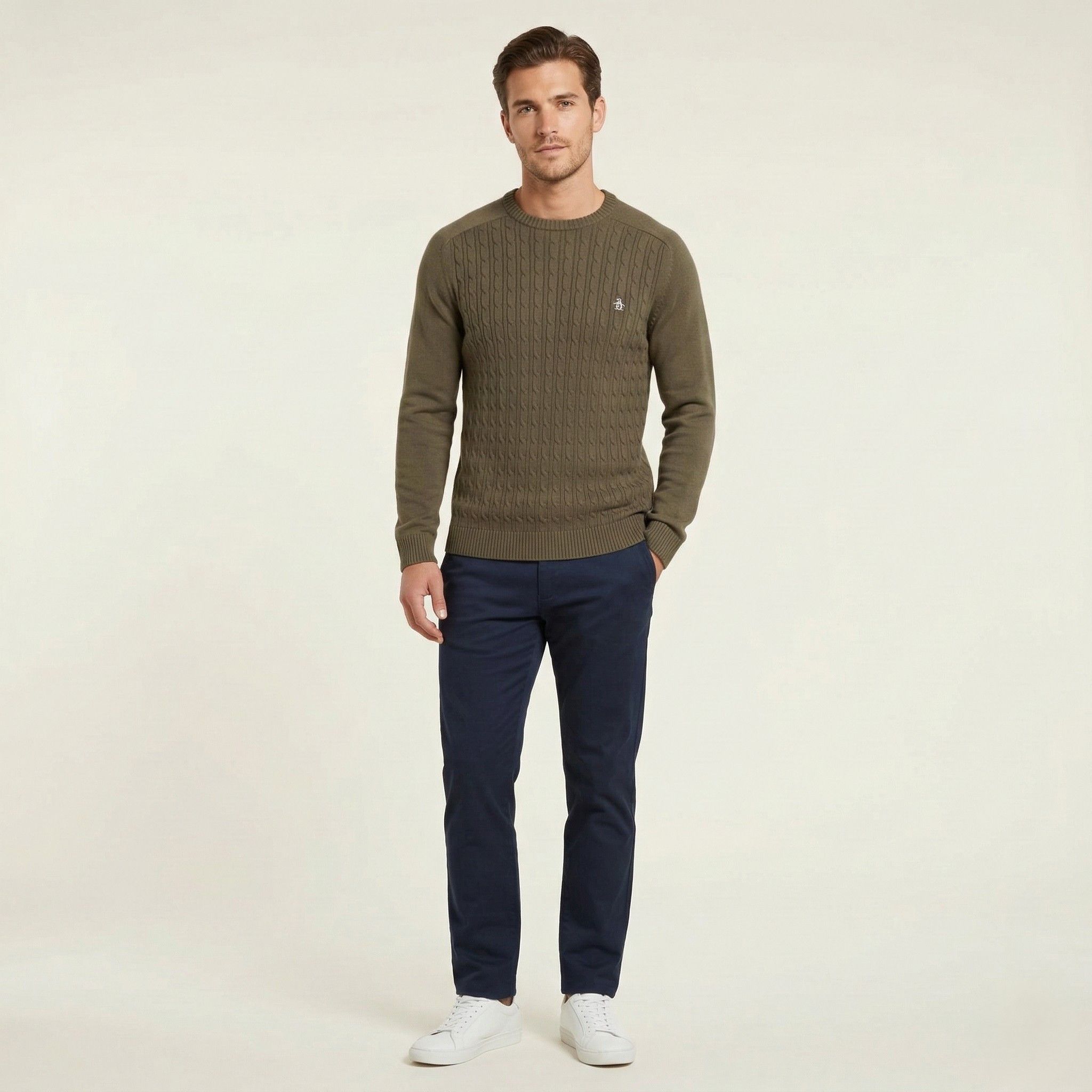 Original Penguin Penguin Men S Jumper Khaki Cotton Knitted Crew Neck 8103 Size US S / EU 44-46 / 1 - 1 Thumbnail