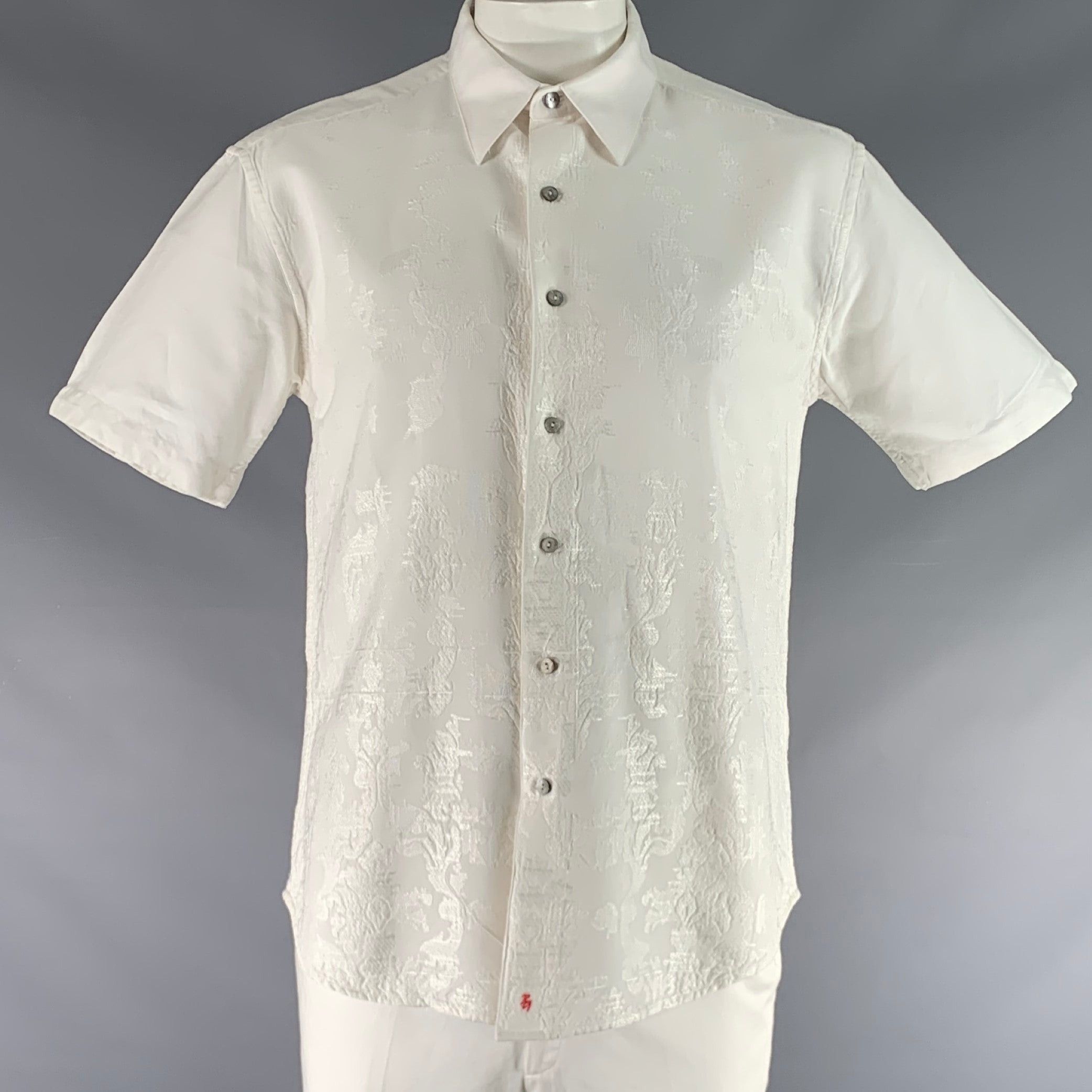 image of Robert Graham White Embroidery Cotton Button Up Short Sleeve Shirt, Men's (Size XL)