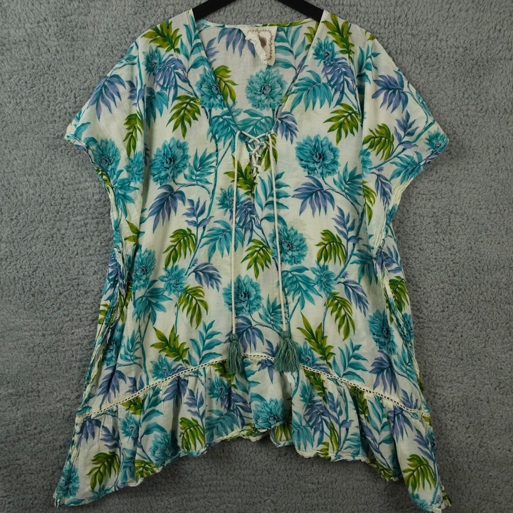 Anthropologie Z&L Cover Up Womens OS Blue Green Leaf Print Pullover Kaftan Swim Anthropologie Size ONE SIZE - 2 Thumbnail