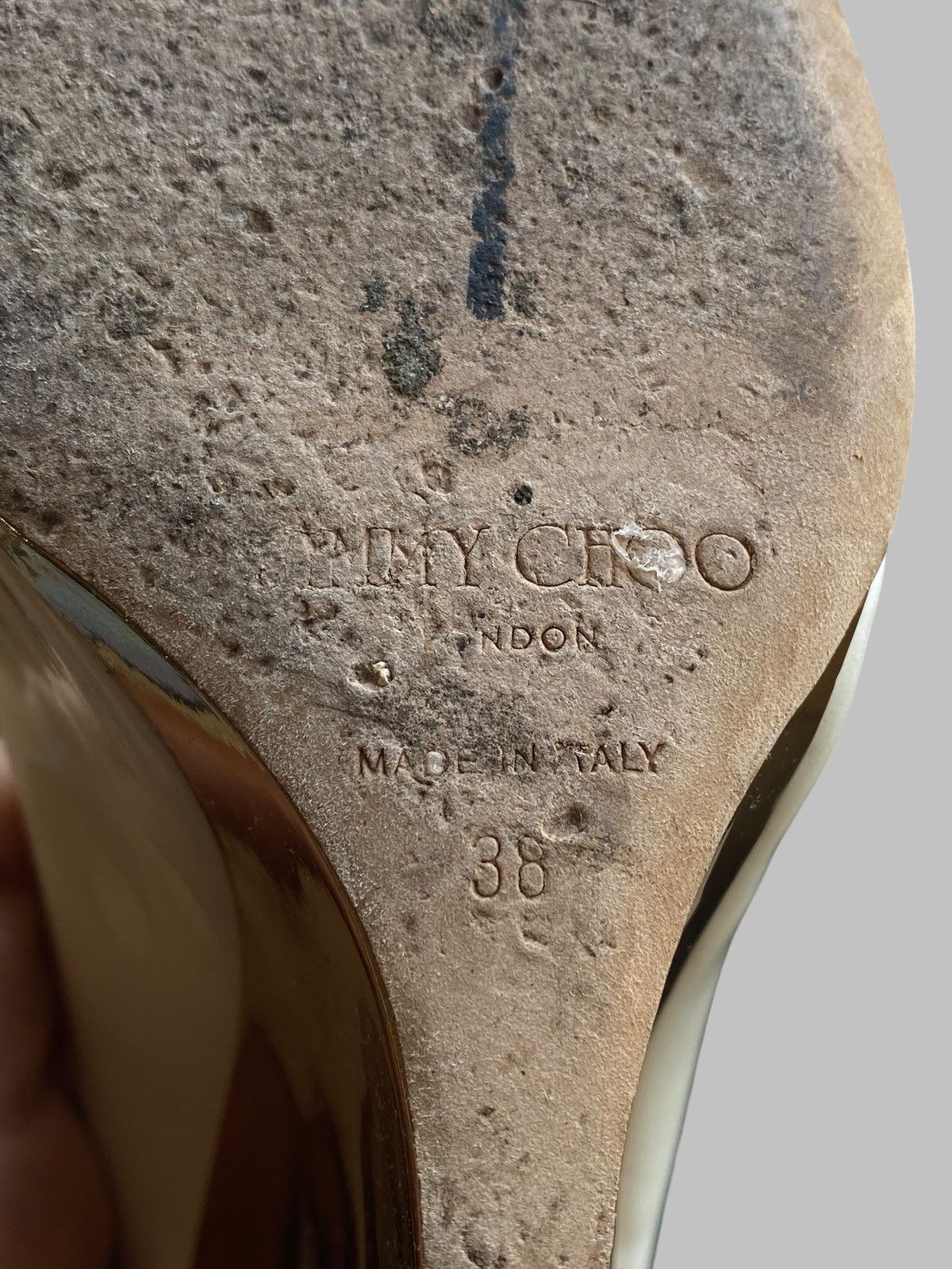 Jimmy Choo Jimmy Choo White Gold Patent Leather Peep Toe Heels Size US 7 / IT 37 - 18 Thumbnail
