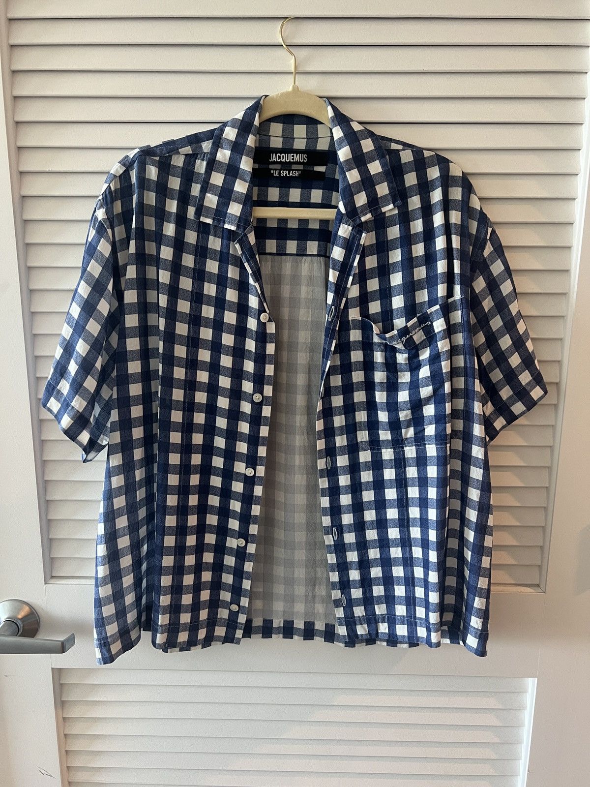 image of Jacquemus Jean Checked Crepe Short Sleeve Shirt in Blue, Men's (Size Medium)