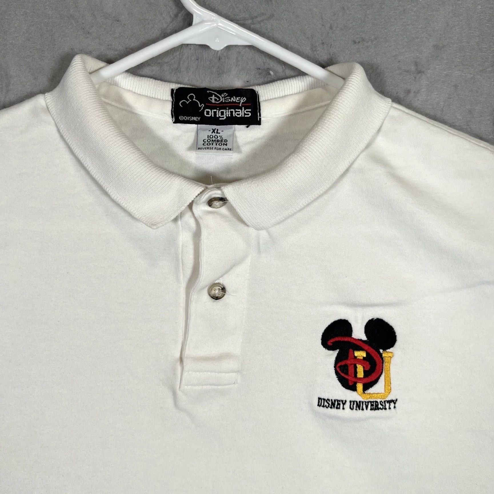 Disney VINTAGE Disney Originals University Polo Shirt Adult XL White Mens Polo 90s University Embroidered 100% Cotton Short Sleeve Collared Button Polo Shirt Size US XL / EU 56 / 4 - 4 Thumbnail