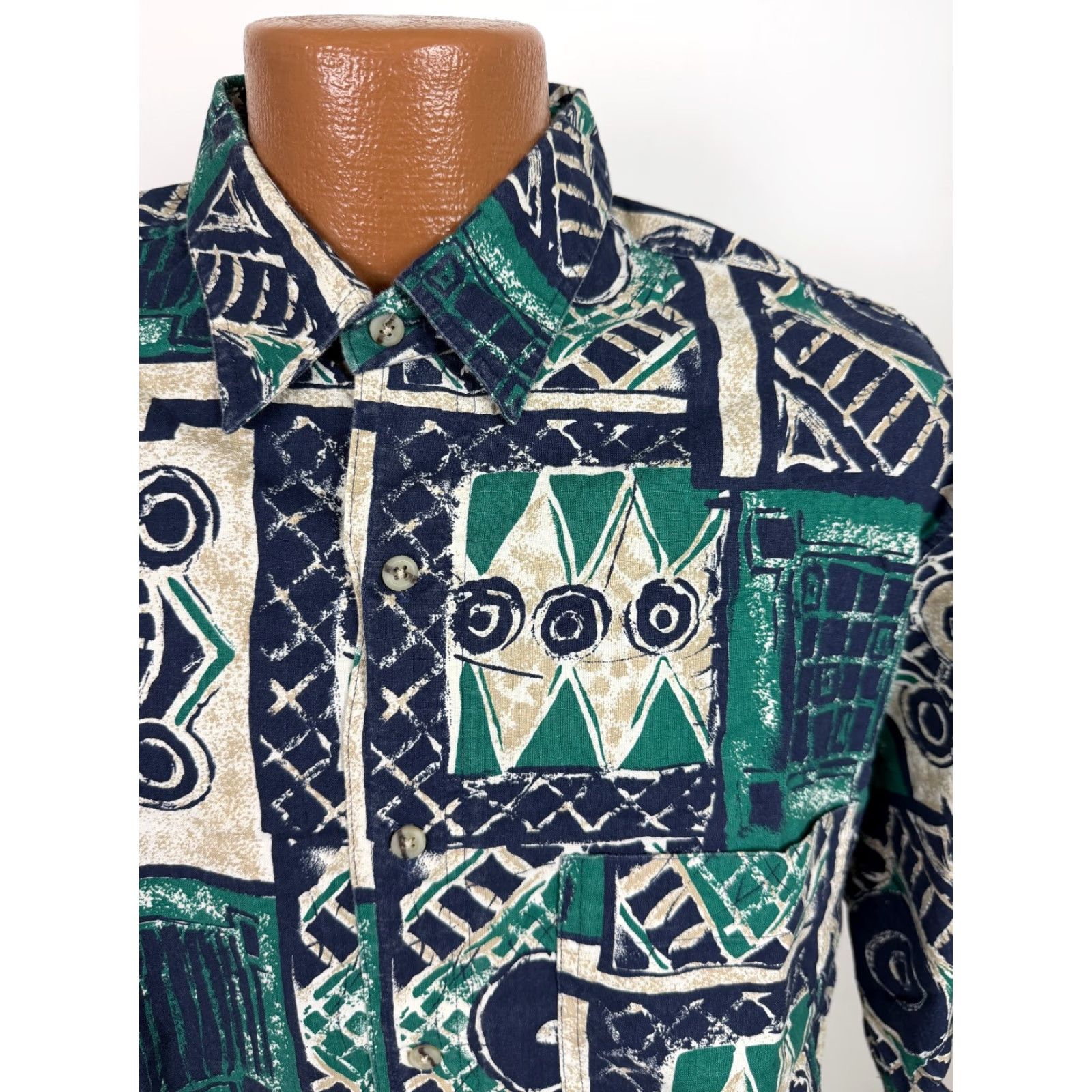 Vintage VINTAGE Impact Geometric Shirt Men XL Slim Green Cotton Button-Up 80s 90s Tribal Short Sleeve Size US XL / EU 56 / 4 - 2 Thumbnail