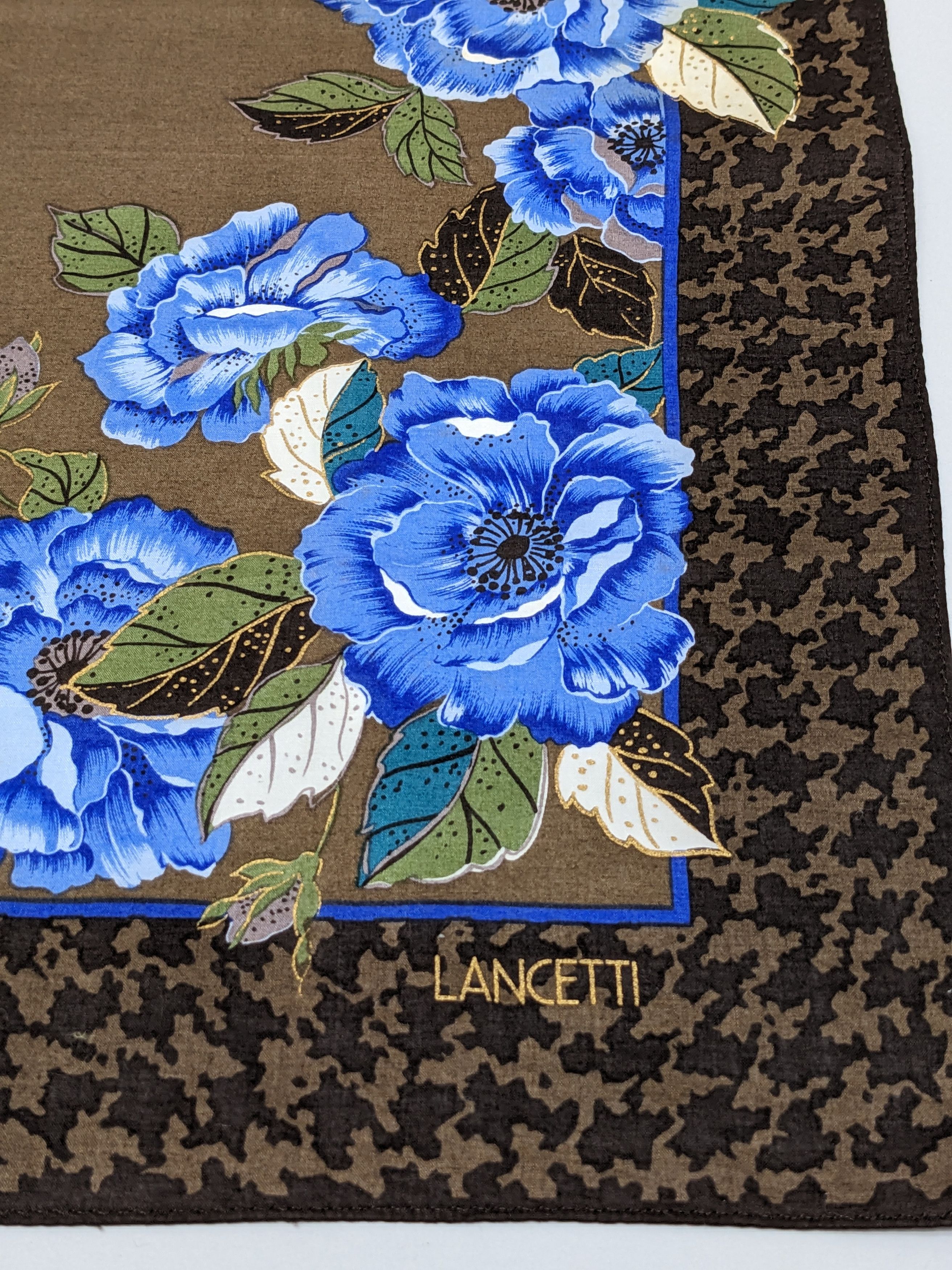 Lui di Lancetti Lancetti Italy Blue Floral & Houndstooth Border Handkerchief Size ONE SIZE - 2 Thumbnail
