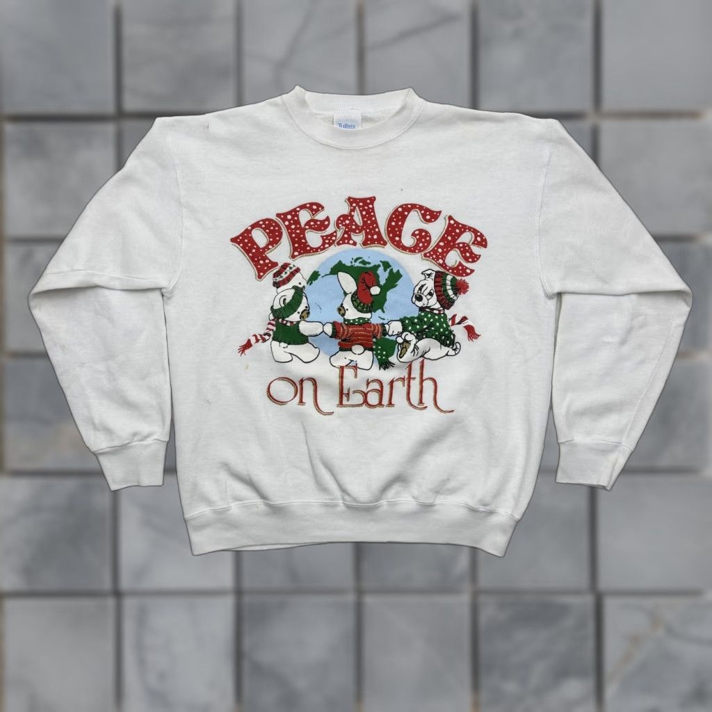 Tultex VINTAGE Tultex Peace On Earth Sweatshirt Mens Large White Christmas Graphic 90s Size US L / EU 52-54 / 3 - 1 Thumbnail