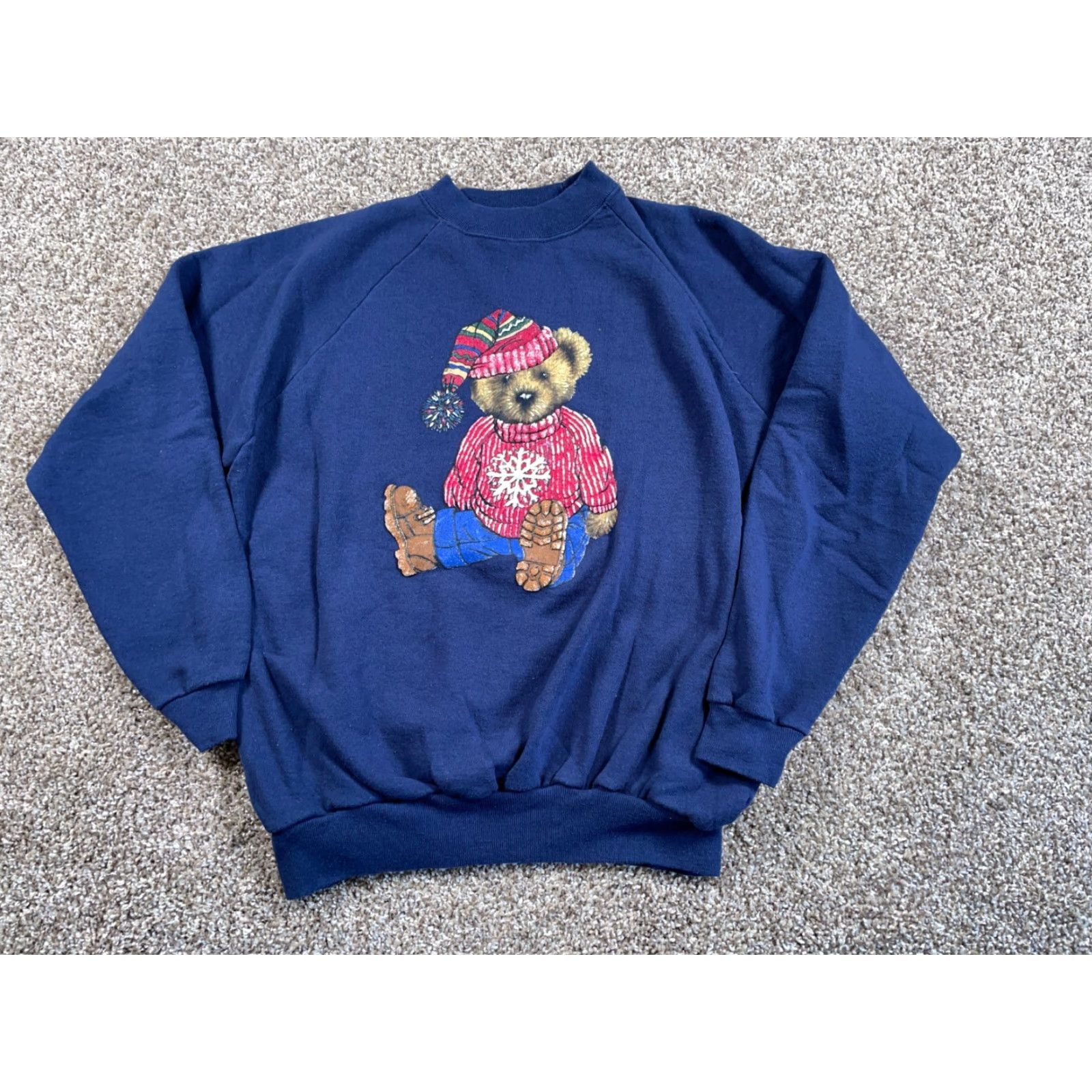 Hanes VTG 90s Winter Teddy Bear Motif Sweatshirt Adult Large Blue Raglan Sleeves 50/50 Size US L / EU 52-54 / 3 - 2 Thumbnail