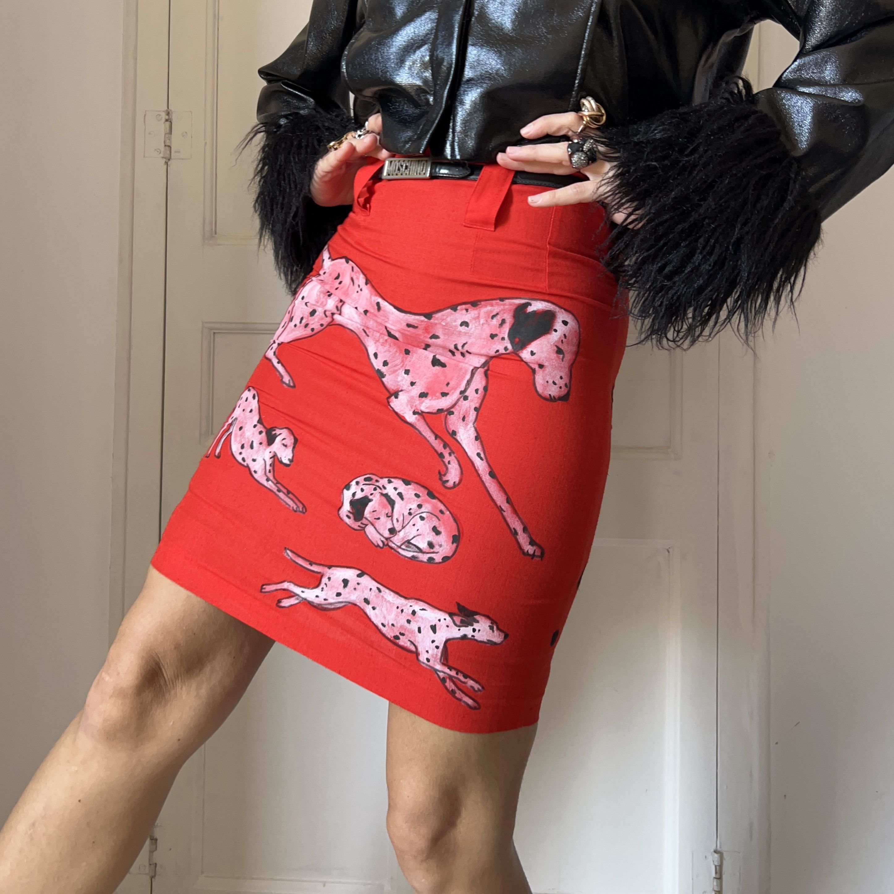 Custommade Painted Dalmatian Dog Red Linen Cotton Mini Skirt Size 27" / US 4 / IT 40 - 5 Thumbnail