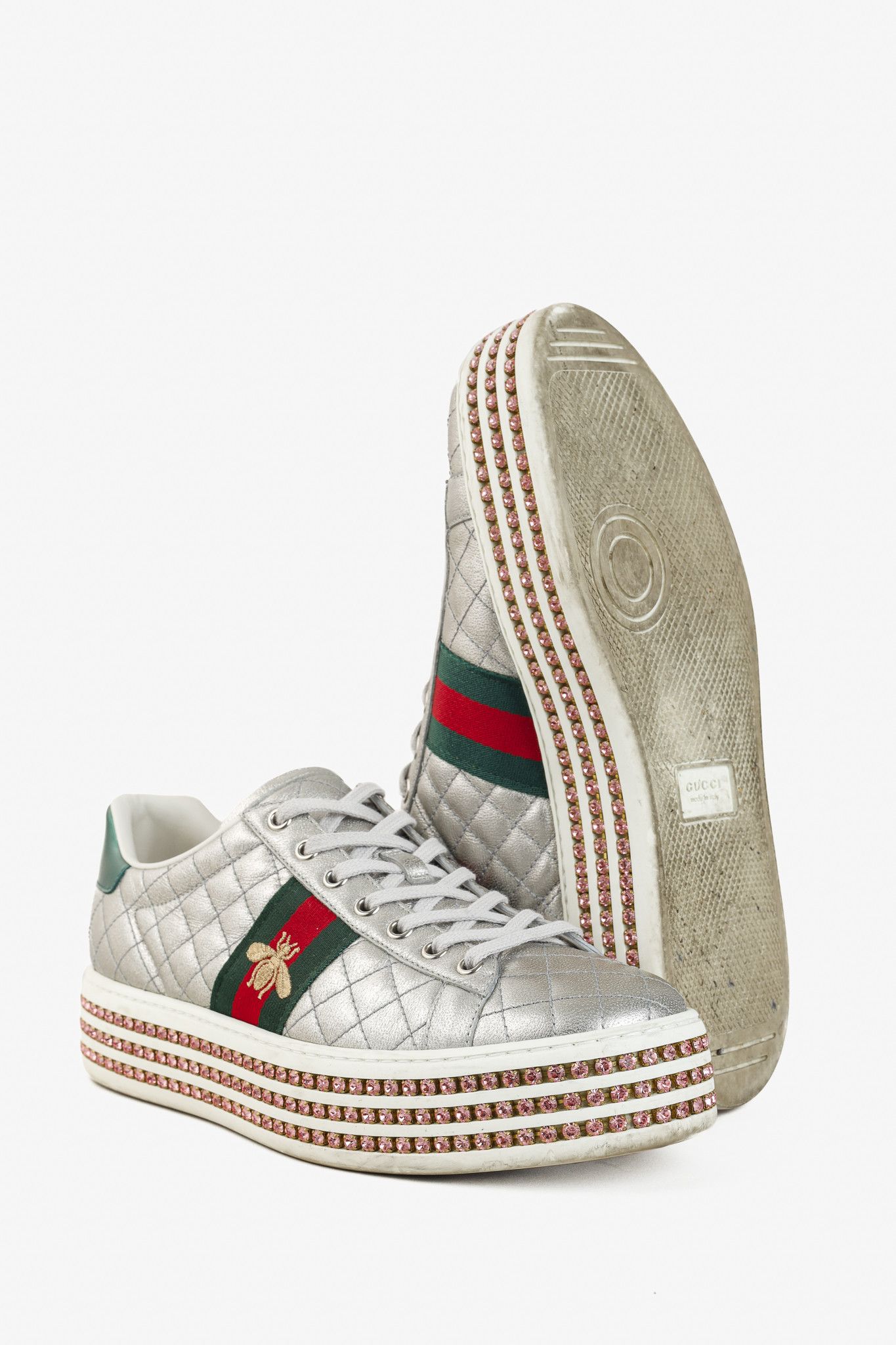 Gucci Gucci Ace Silver Quilted-Leather Crystal-Platform Sneakers Size US 9.5 / IT 39.5 - 4 Thumbnail