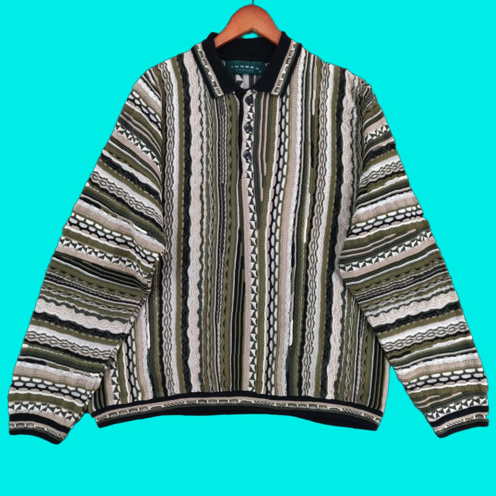 VINTAGE Tundra Canada 3D Knitted Coogi Style Sweater Mens XL Multicolor Collar Pullover Knit Geometric 90s Classic Colorful Men's Sweater