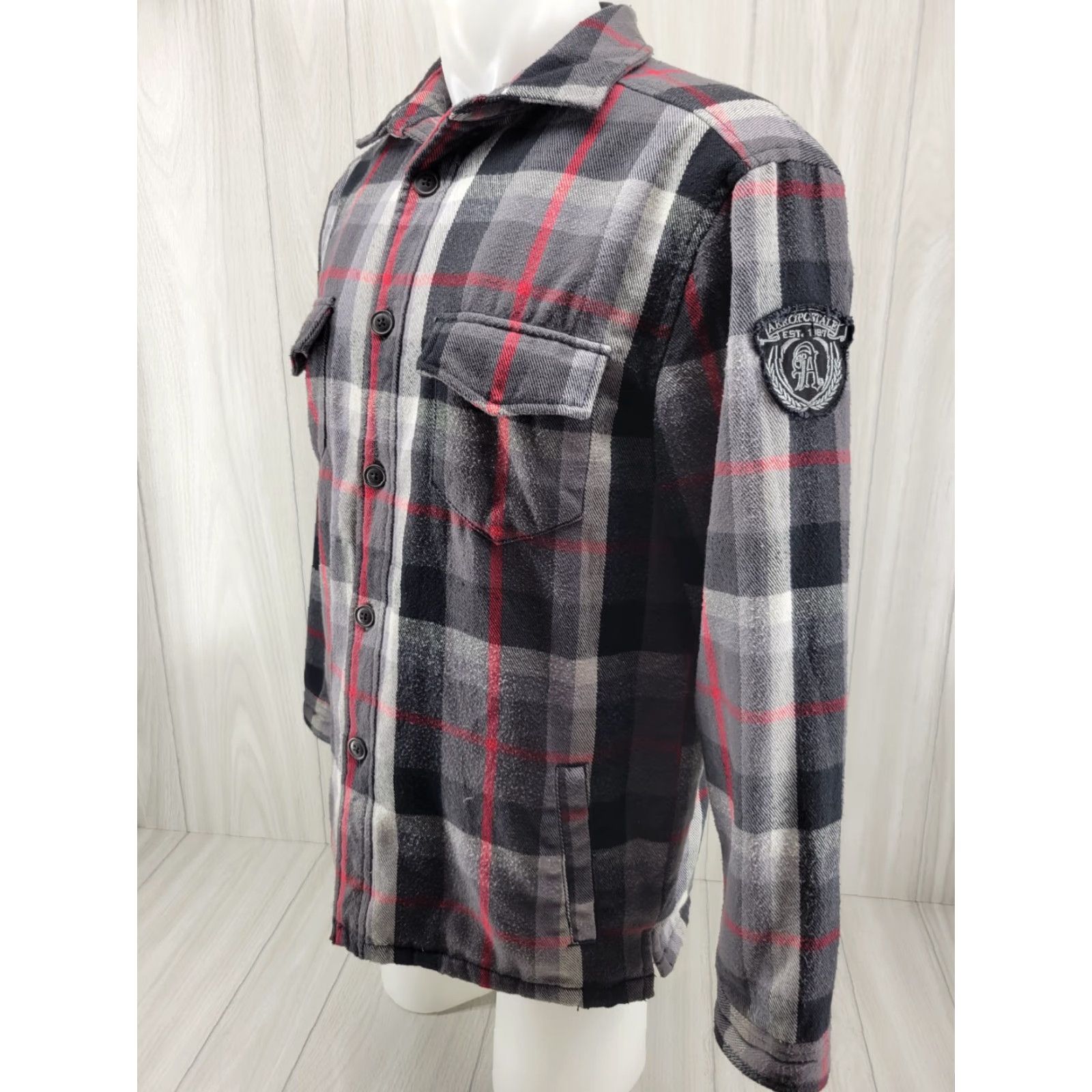 Aeropostale Aeropostale Flannel Jacket Men's Small Sherpa Lined Gray & Black Plaid Shirt Button-Up Hooded Pockets Fall Winter Multicolor Regular Size US S / EU 44-46 / 1 - 2 Thumbnail