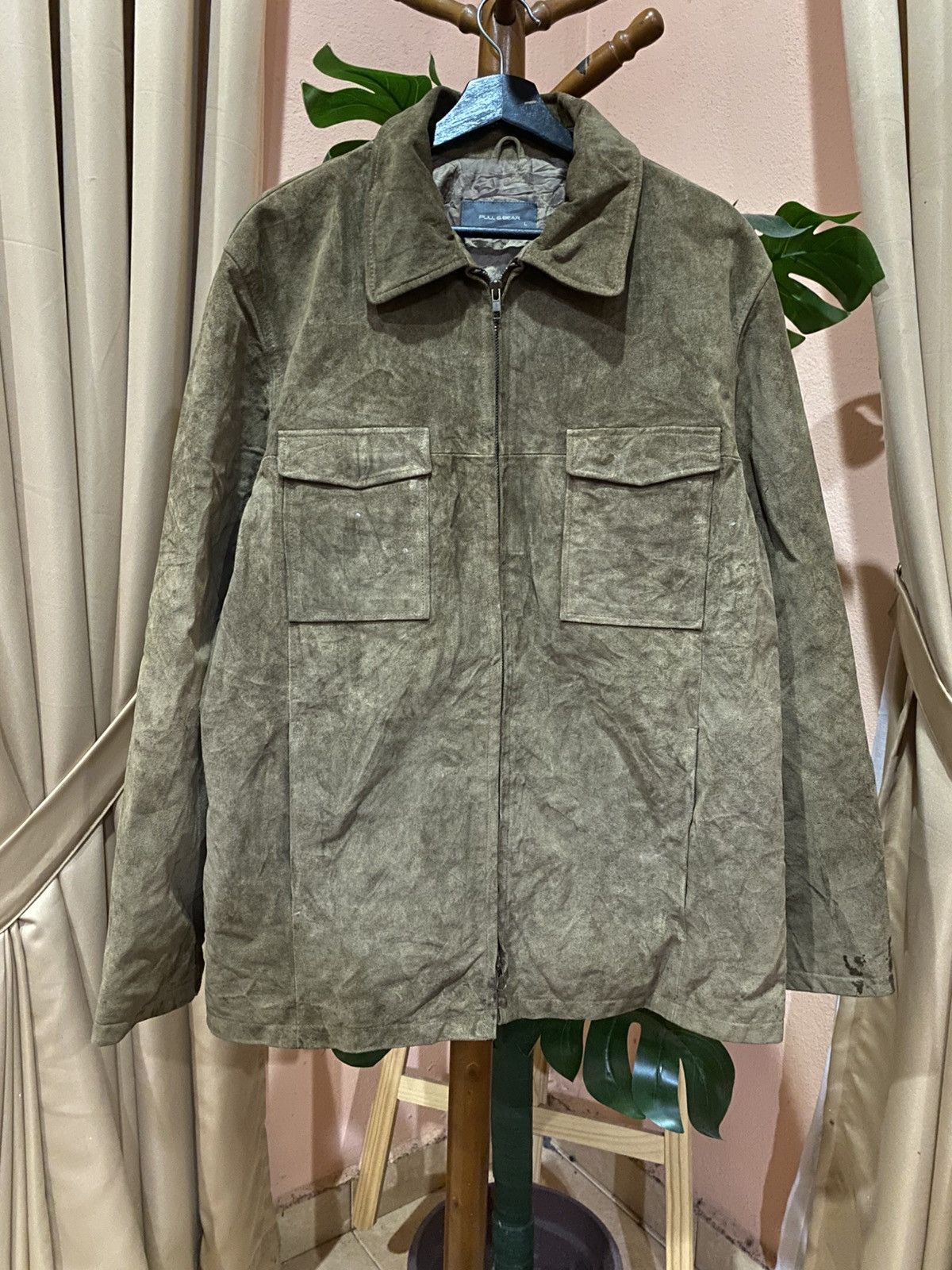 Pull & Bear Vintage Pull & Bear Olive Green Suede Leather Jacket Size US L / EU 52-54 / 3 - 1 Thumbnail