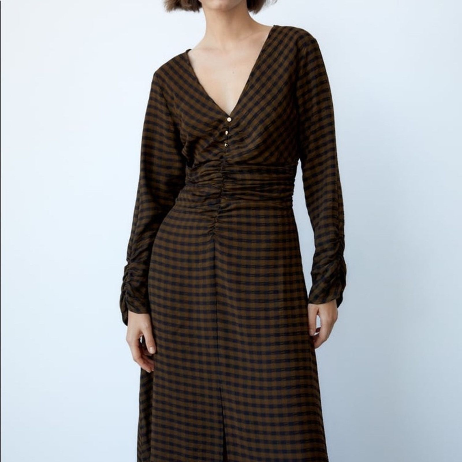 Zara ZARA DRAPED PLAID DRESS BLACK / GREEN Size XS / US 0-2 / IT 36-38 - 3 Thumbnail