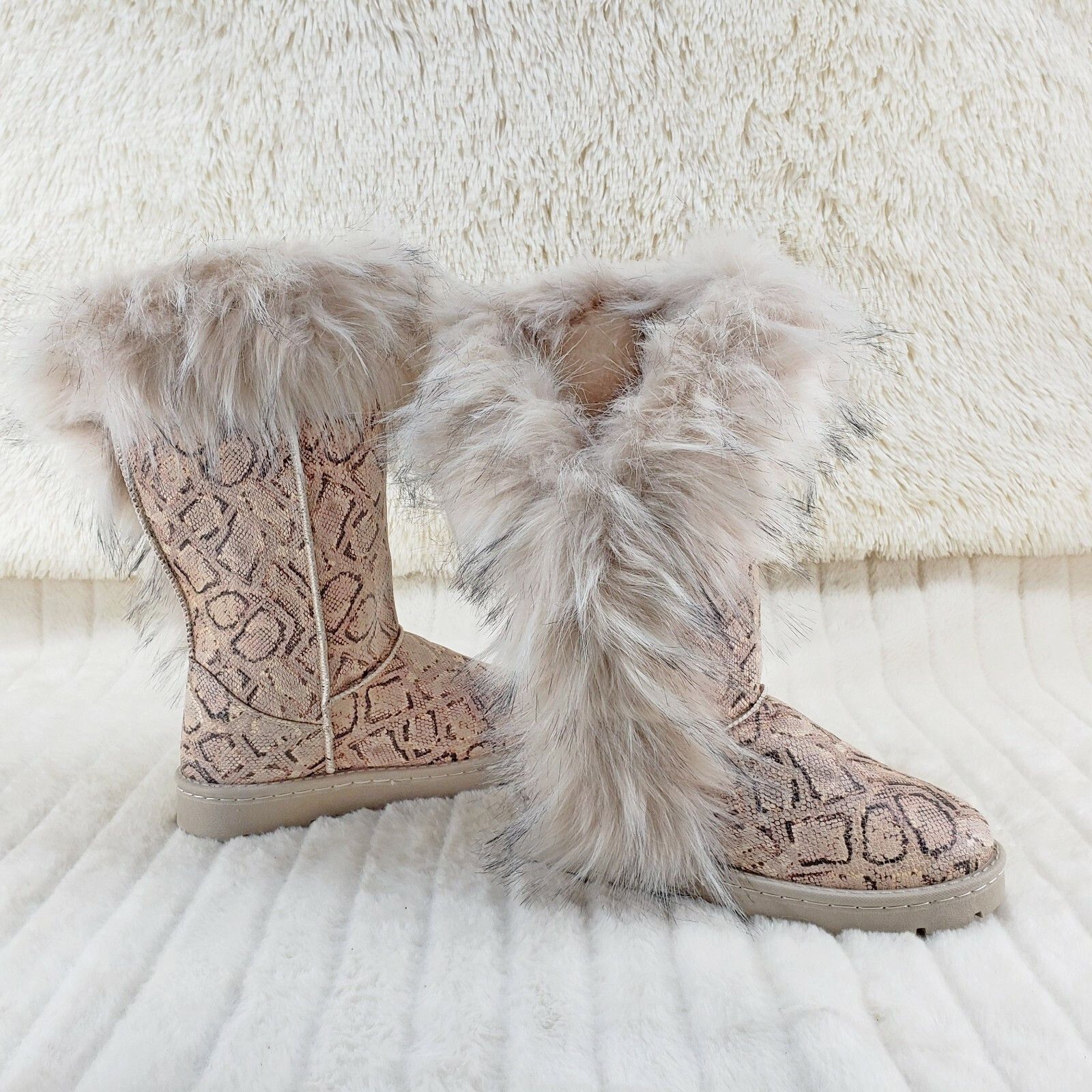 Other Chi Chi Tall Furry Snake Beige Faux Fur Lined Flat Winter Bo Size US 7 / IT 37 - 3 Thumbnail