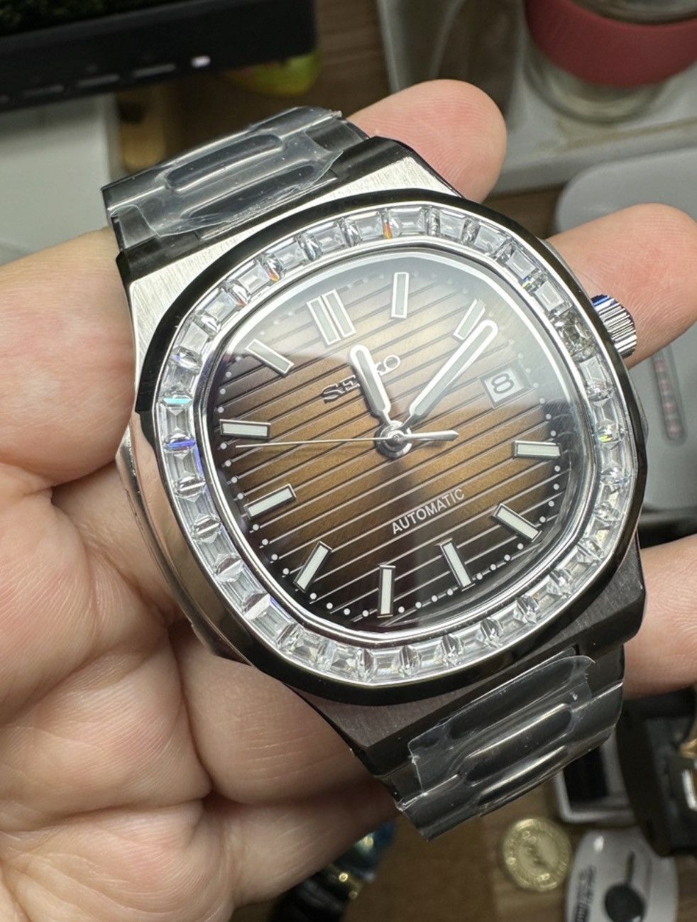 Japanese Brand Seiko Mod Nautilus Brown Dial Diamond Steel Watch NH35 41mm Size ONE SIZE - 2 Thumbnail