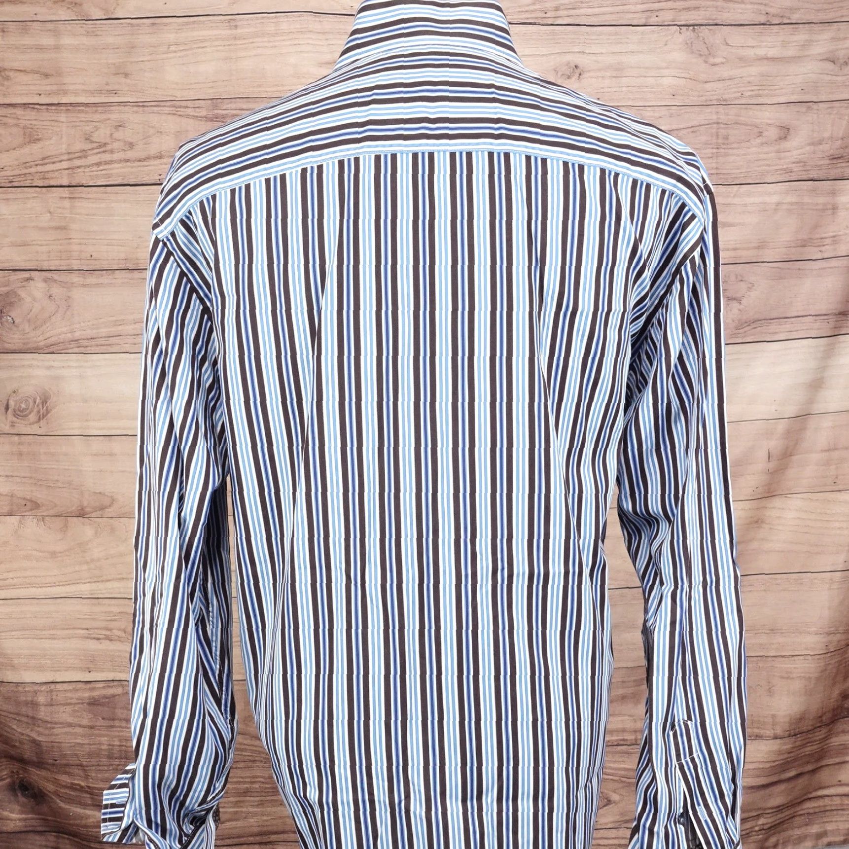 BUGATCHI VINTAGE Bugatchi Uomo Shirt Mens 2XL Long Sleeve Cotton Blue Brown Striped Business Casual Modern Fit Size US XXL / EU 58 / 5 - 6 Thumbnail
