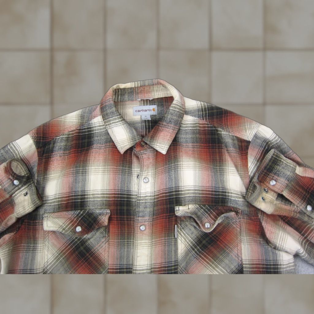 Carhartt VINTAGE Carhartt Shirt Adult XL Orange Black Plaid Snap Western Flannel Mens Size US XL / EU 56 / 4 - 1 Thumbnail