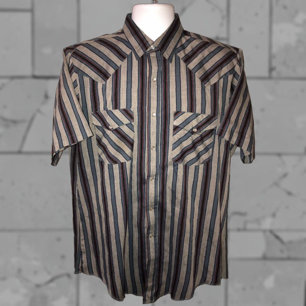 Vintage Western Frontier Mens Striped Snap Button Front Short Sleeve Shirt Size L Size US L / EU 52-54 / 3 - 1 Thumbnail