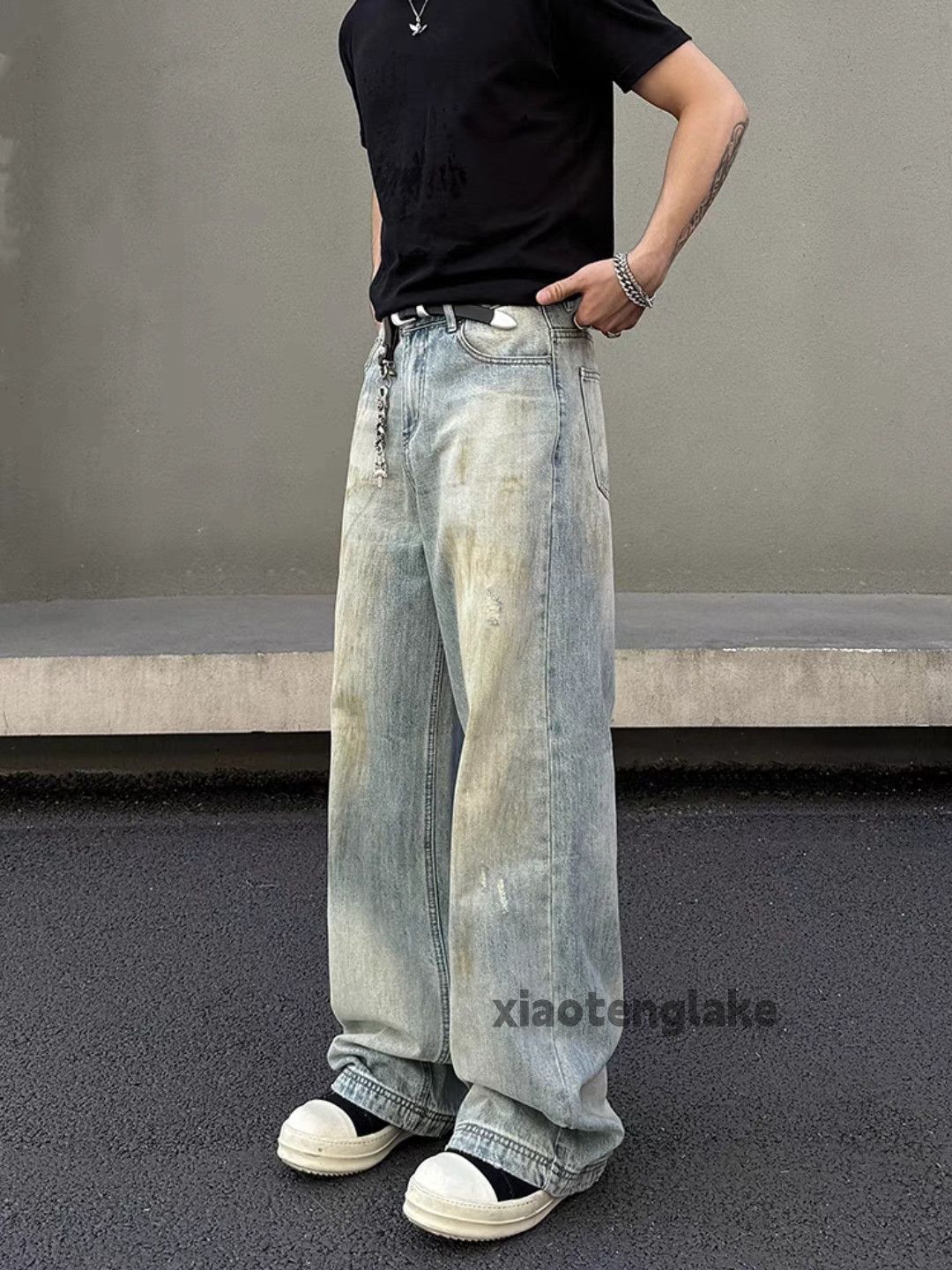 Distressed Denim × Jean × Vintage washed faded stain loose Distressed Denim × Jean × Vintage washed faded stain loose