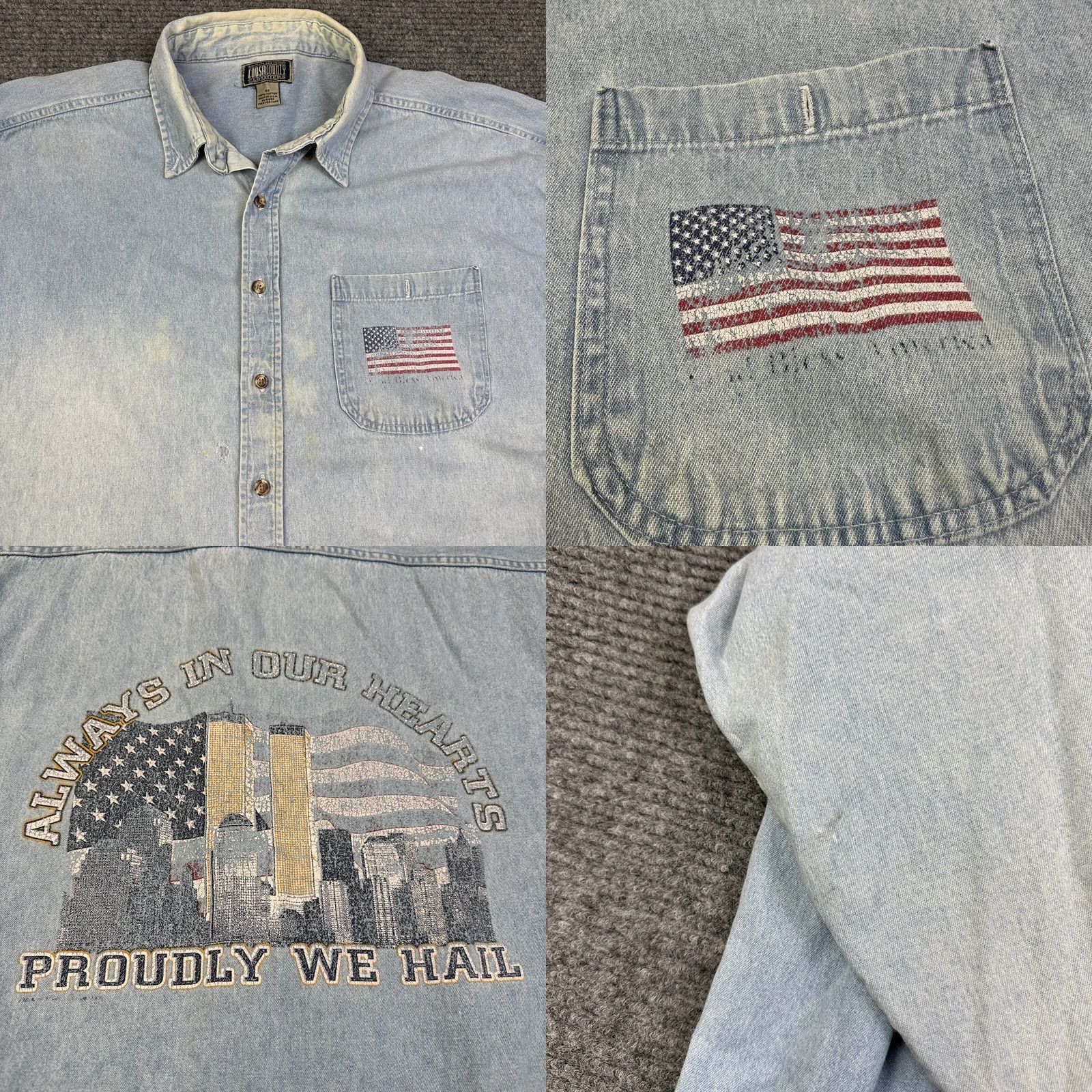 Denime VINTAGE American Flag Denim Button Up Shirt 4X Unisex Adults blue Sun Faded USA 90s 80s Coosa County Size US XXL / EU 58 / 5 - 8 Thumbnail