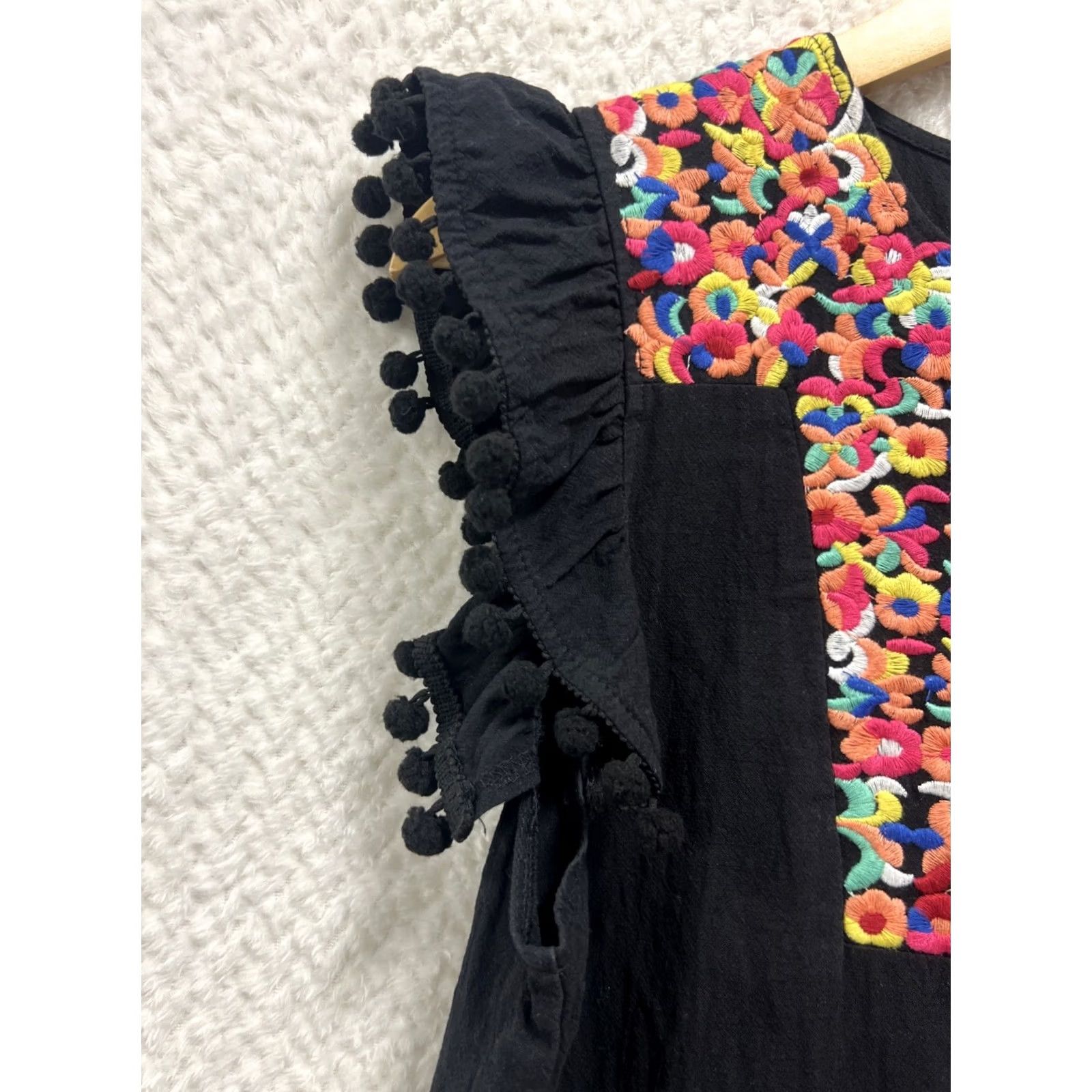 Vintage VINTAGE Boho Embroidered Shift Dress XL 12 Pom Pom Flutter Sleeve Mini Bohemian Festival Size XL / US 12-14 / IT 48-50 - 6 Thumbnail
