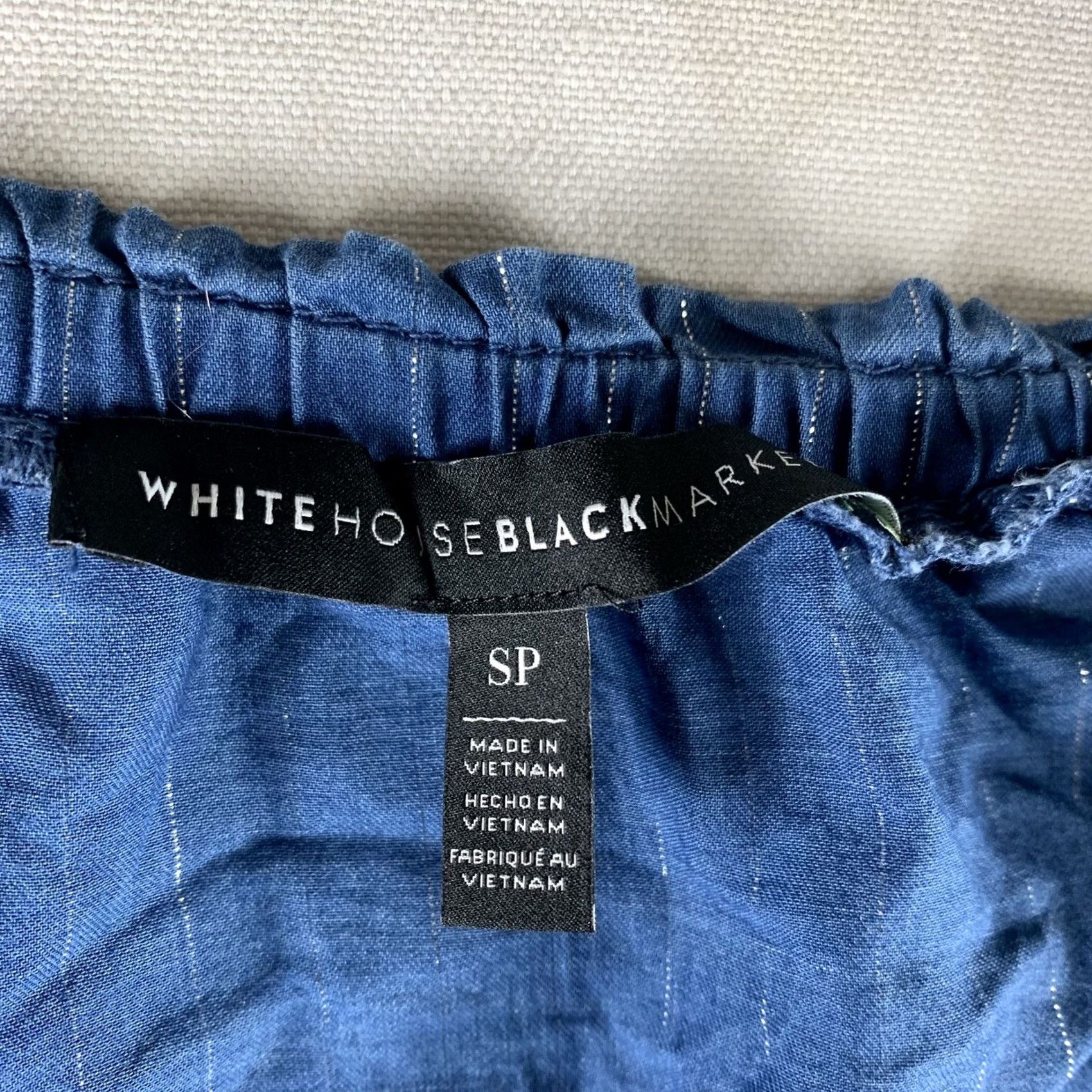 White House Black Market WHBM BLOUSE Women SP Blue Baloon Sleeves V-Neck Metallic Striped Cotton Boho Womens Dress Size S / US 4 / IT 40 - 3 Thumbnail