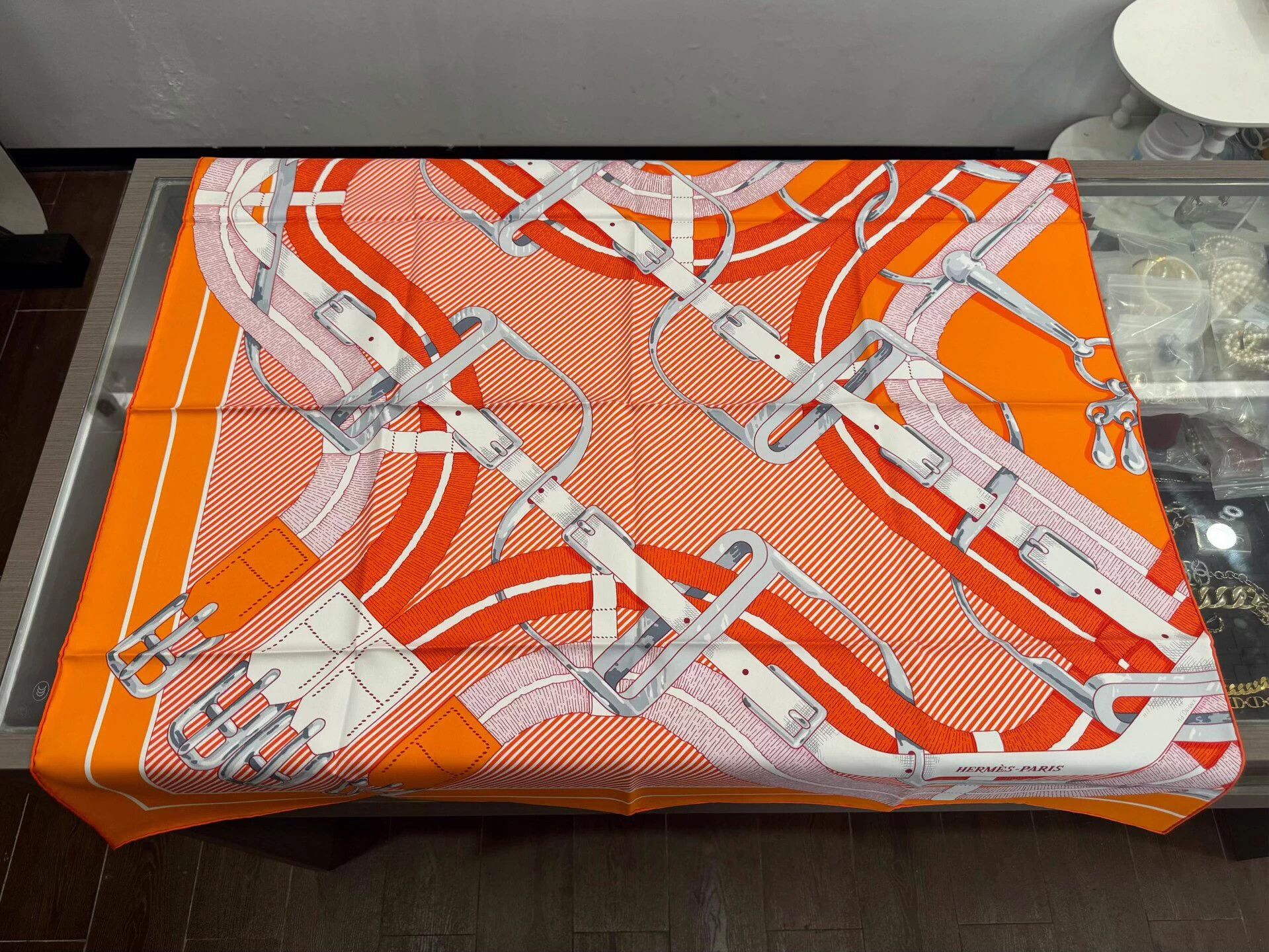 Hermes Hermes Horse Bit Lock Print Silk Scarf Orange 90cm Size ONE SIZE - 4 Thumbnail