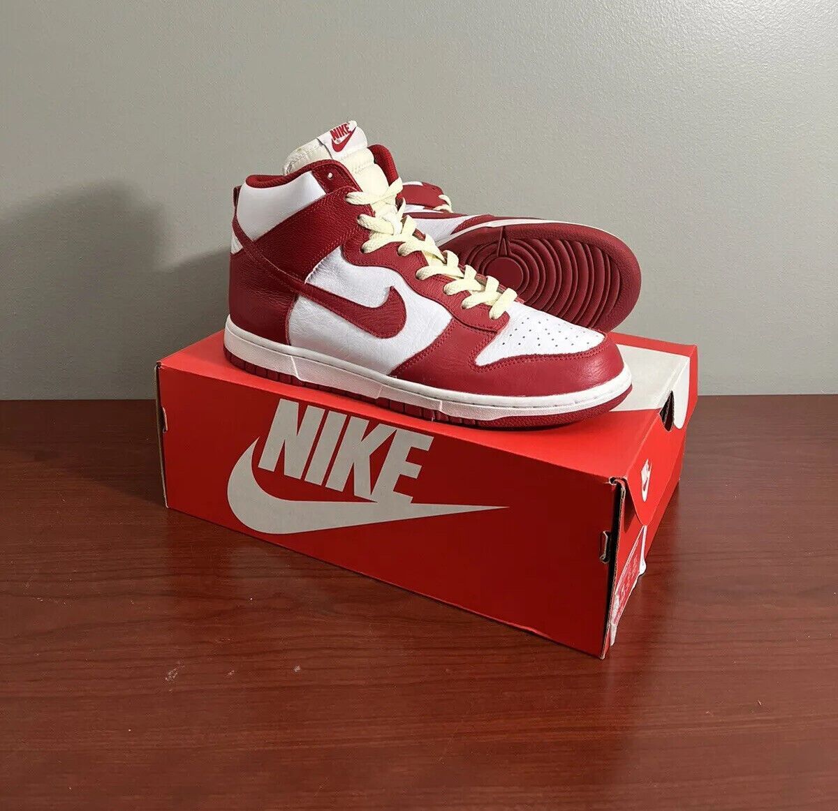 image of Nike Dunk High St. Johns 2016 Bttys Pack Sail Leather Dunks Shoes in University Red, Men's (Size 10
