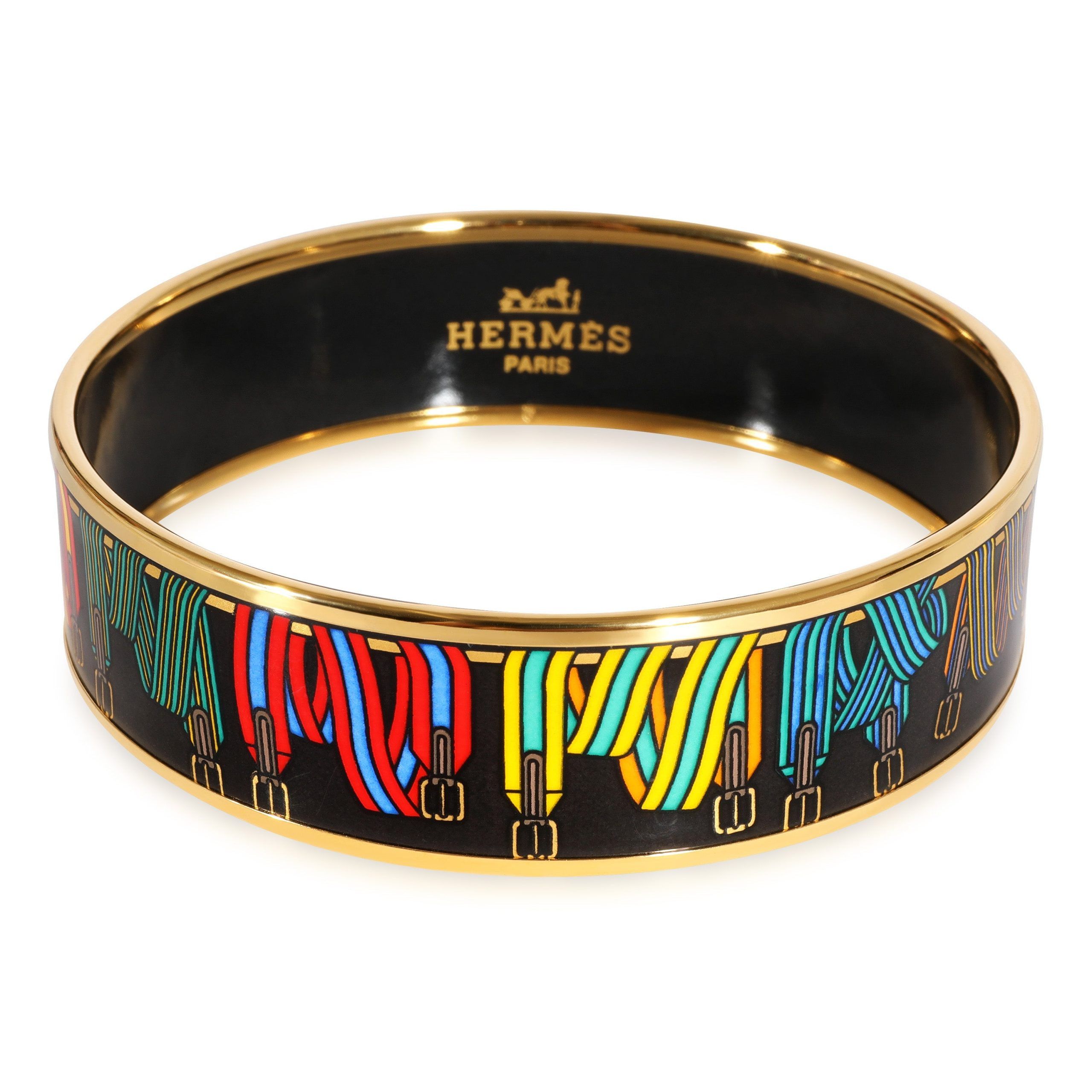 Hermès Plated Wide Black Enamel Sangles Bangle (67MM)