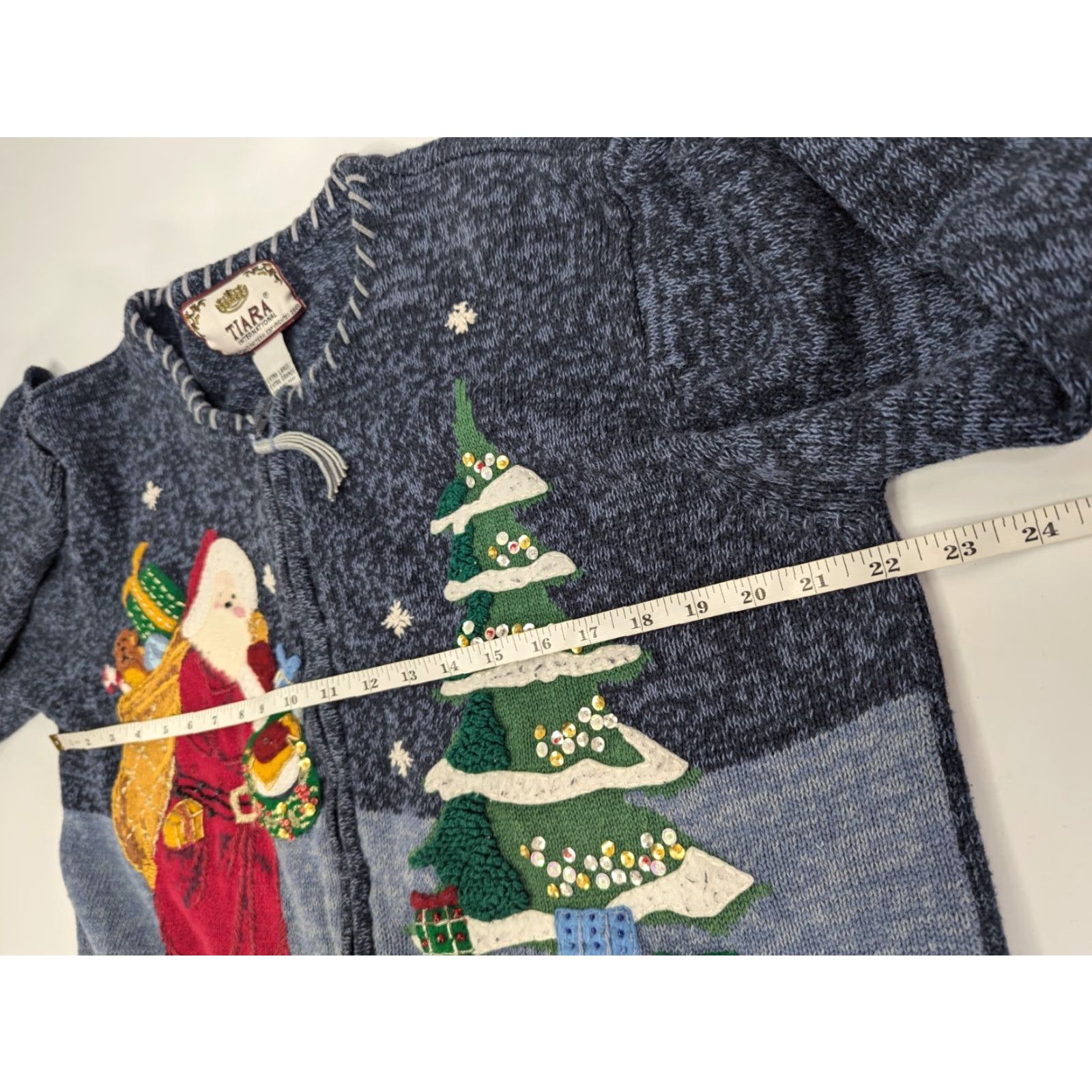 Vintage VINTAGE Holiday Tiara International Blue Santa & Tree Christmas Holiday Zip Sweater Cardigan Size XL / US 12-14 / IT 48-50 - 7 Thumbnail