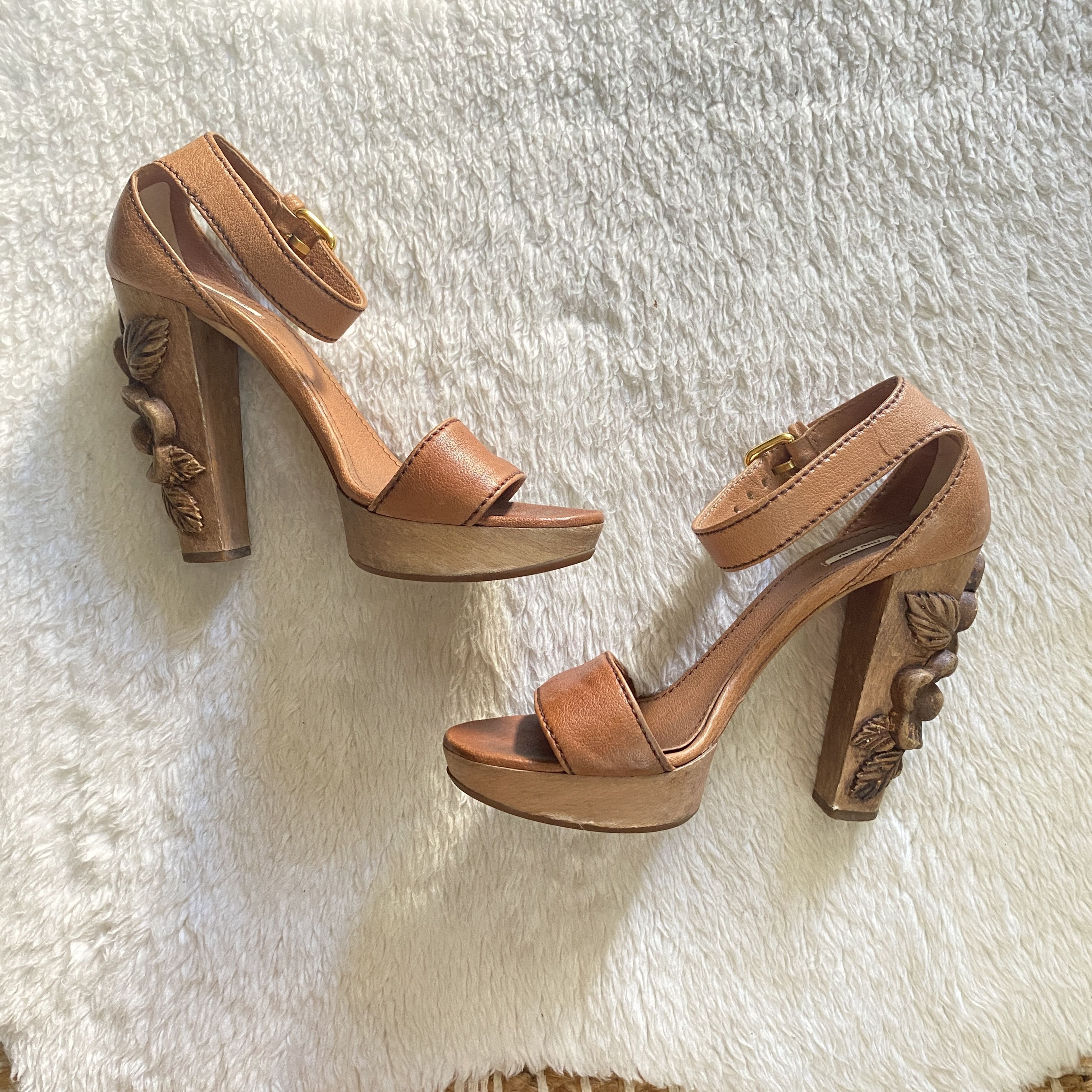 Miu Miu Vintage Camel Tan Floral Carved Wood Heels