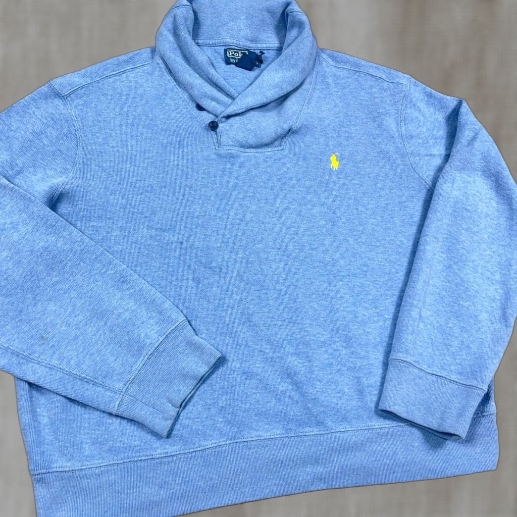 Polo Ralph Lauren VINTAGE Polo Ralph Lauren Sweater Men XL Blue Shawl Neck Sweatshirt Pullover Yellow VTG Size US XL / EU 56 / 4 - 1 Thumbnail