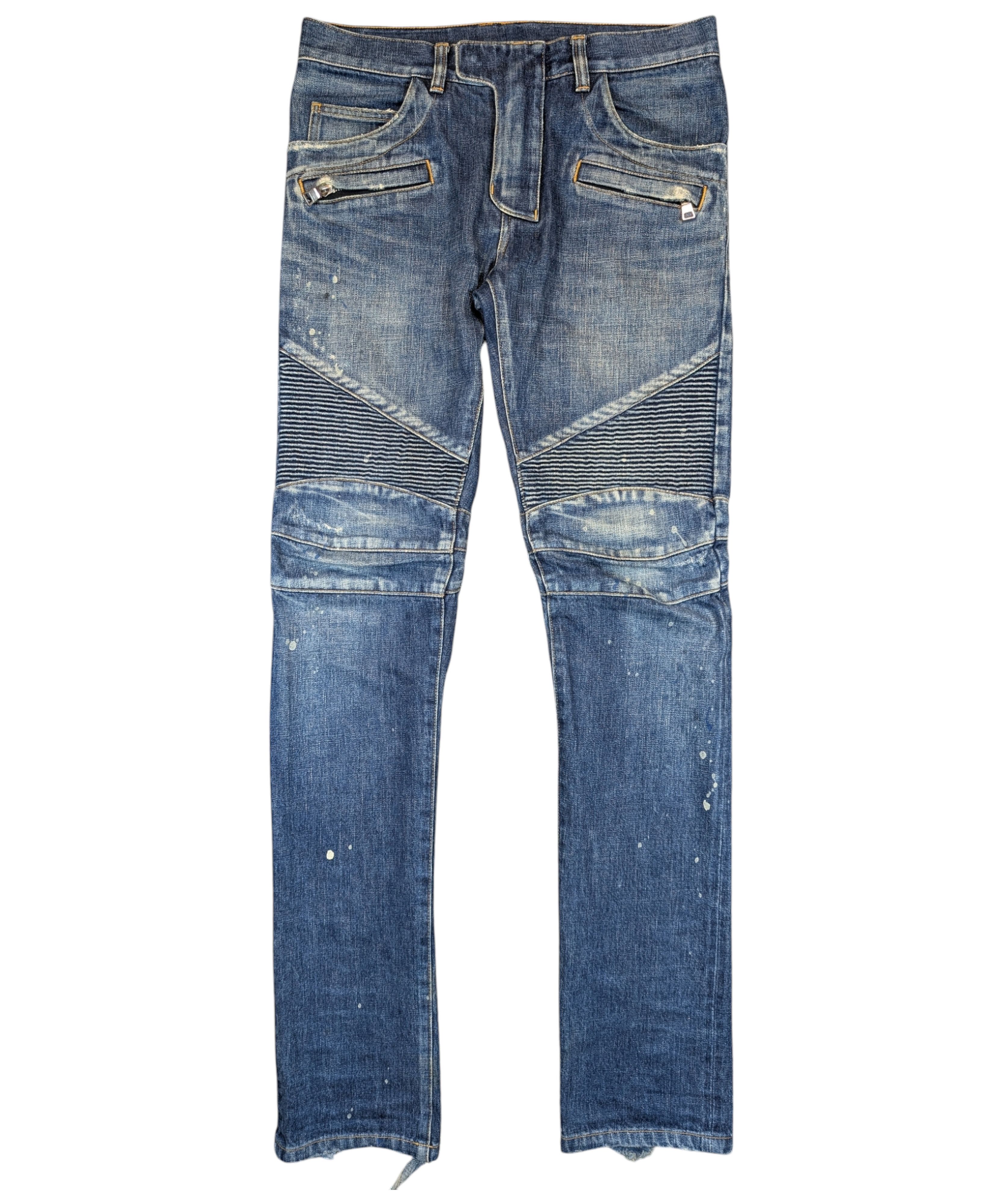 Balmain Blue Paint Splatter Denim Biker Jeans