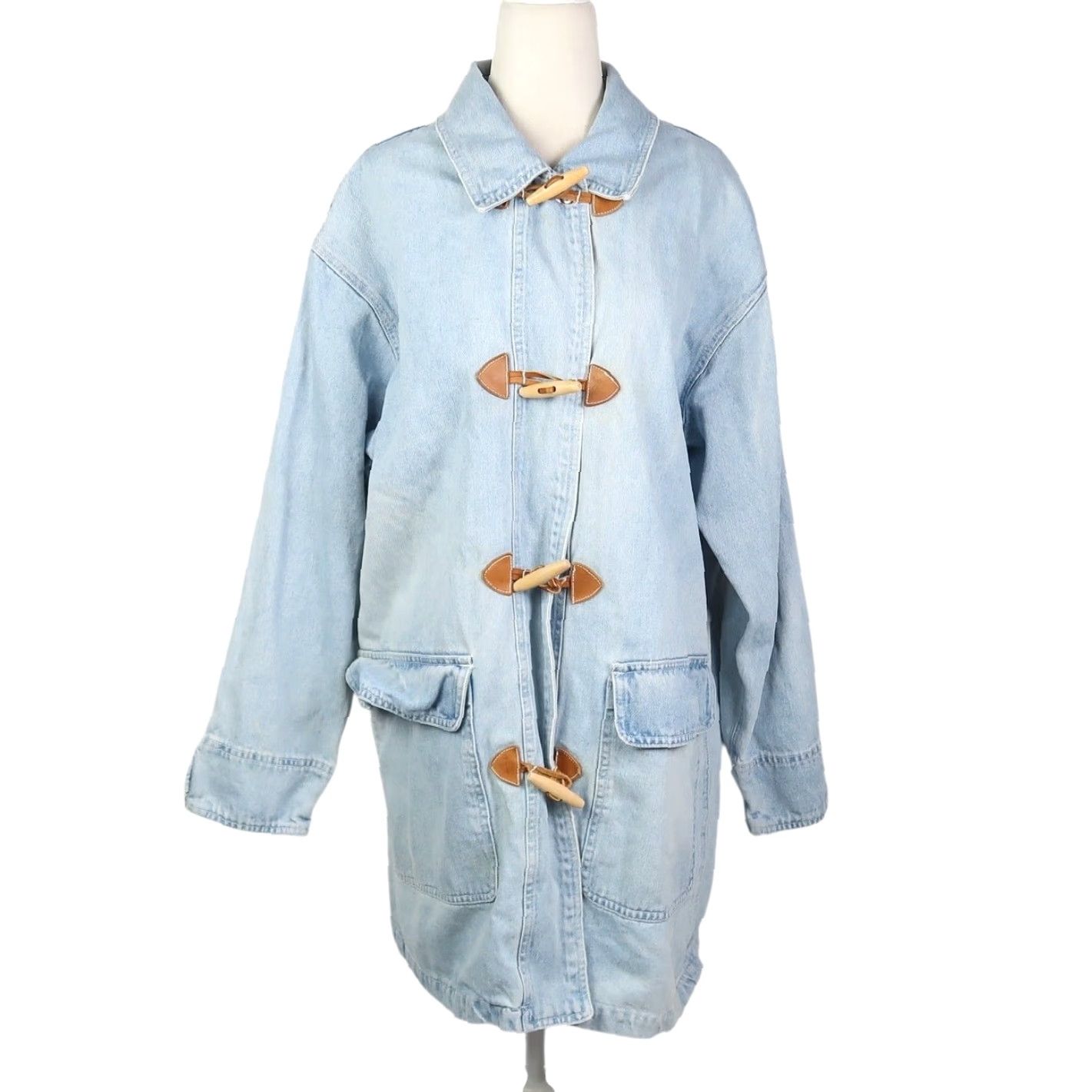 Denime VINTAGE Forenza Denim Jacket Boot? 90s Bohemian Light Wash Toggle Button Mid-Length Women M Blue Denim Jacket Size 32" / US 10 / IT 46 - 2 Thumbnail