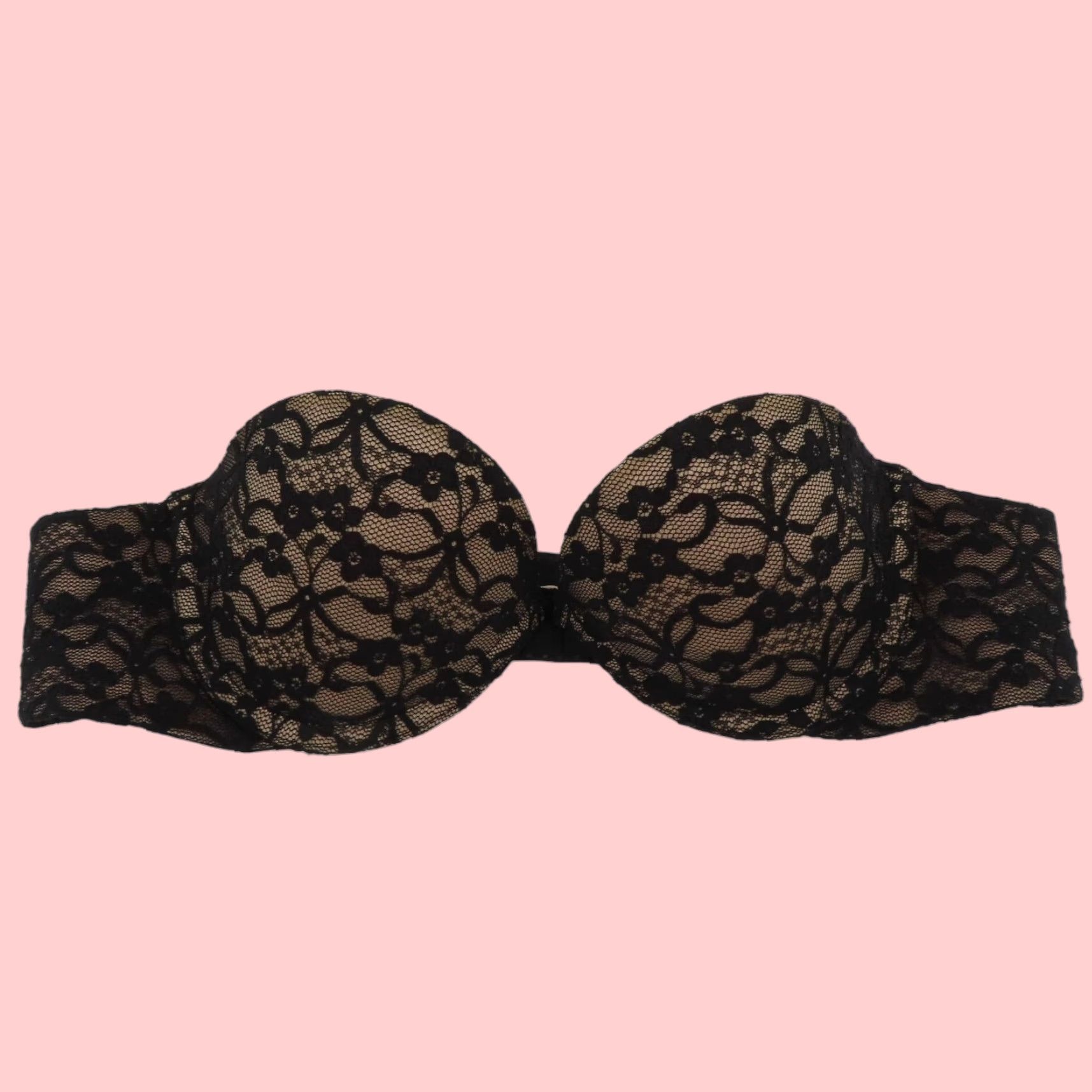 Vintage Aerie 32A Black Floral Padded Strapless Underwire T-Shirt Bra Womens