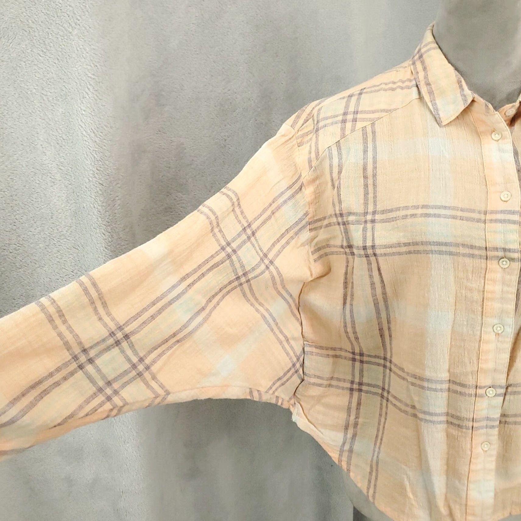 Free People Free People Blouse Shirt Oversized Dolman Batwing Peach Plaid Gauzy Boho Button Up Multicolor Long Sleeve Collared 100% Cotton Casual Womens M Size M / US 6-8 / IT 42-44 - 2 Thumbnail