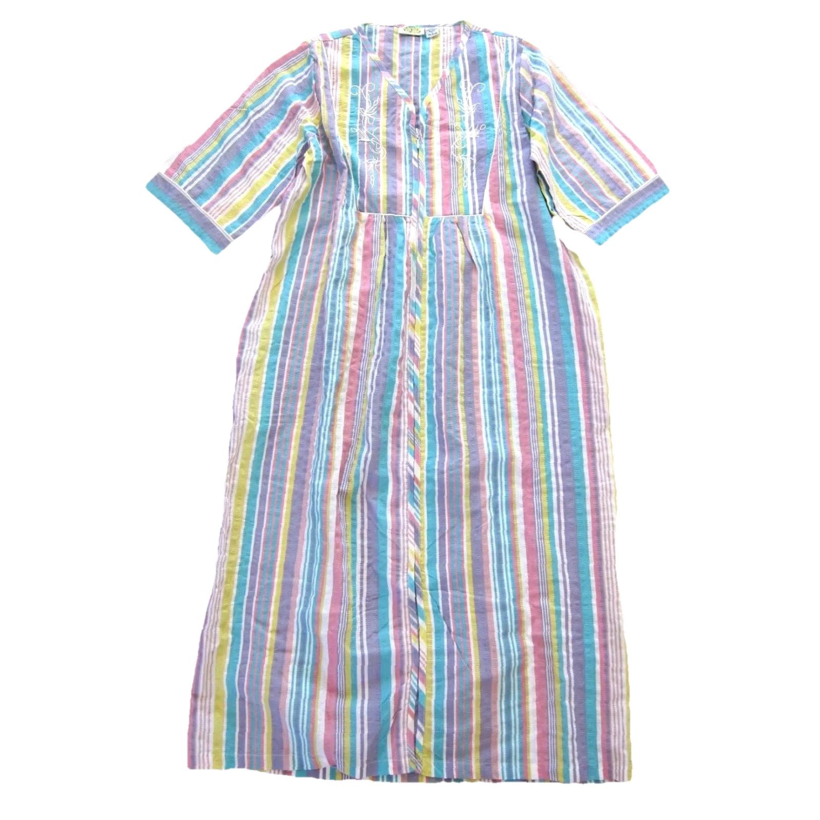 Vintage VINTAGE Collections Etc Maxi Dress Shirt Dress Kaftan Pink Yellow Stripe Cotton Zip Pocket Long Large Women Size L / US 10 / IT 46 - 2 Thumbnail