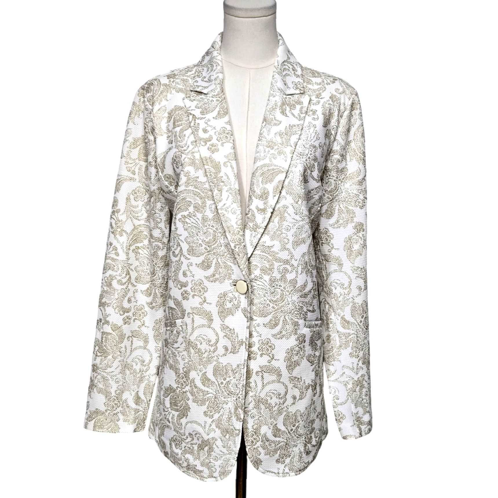 Vintage Susan Graver Blazer Womens Large White Gold Jacquard Floral Occasion Elegant Jacket Size L / US 10 / IT 46 - 2 Thumbnail