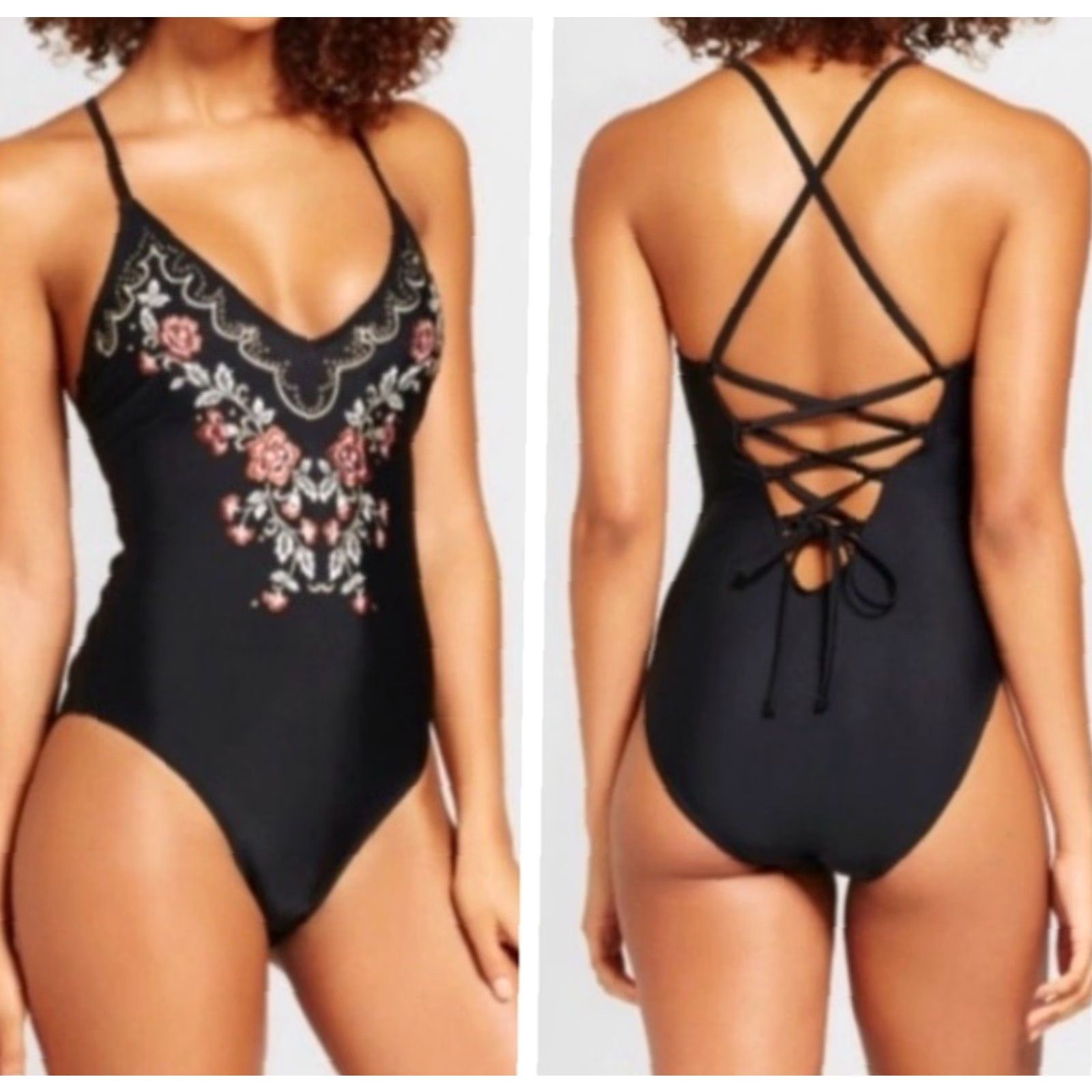 Vintage Xhilaration One Piece Swimsuit Womens Size Small Black Lace Up Back Embroidered Size ONE SIZE - 2 Thumbnail