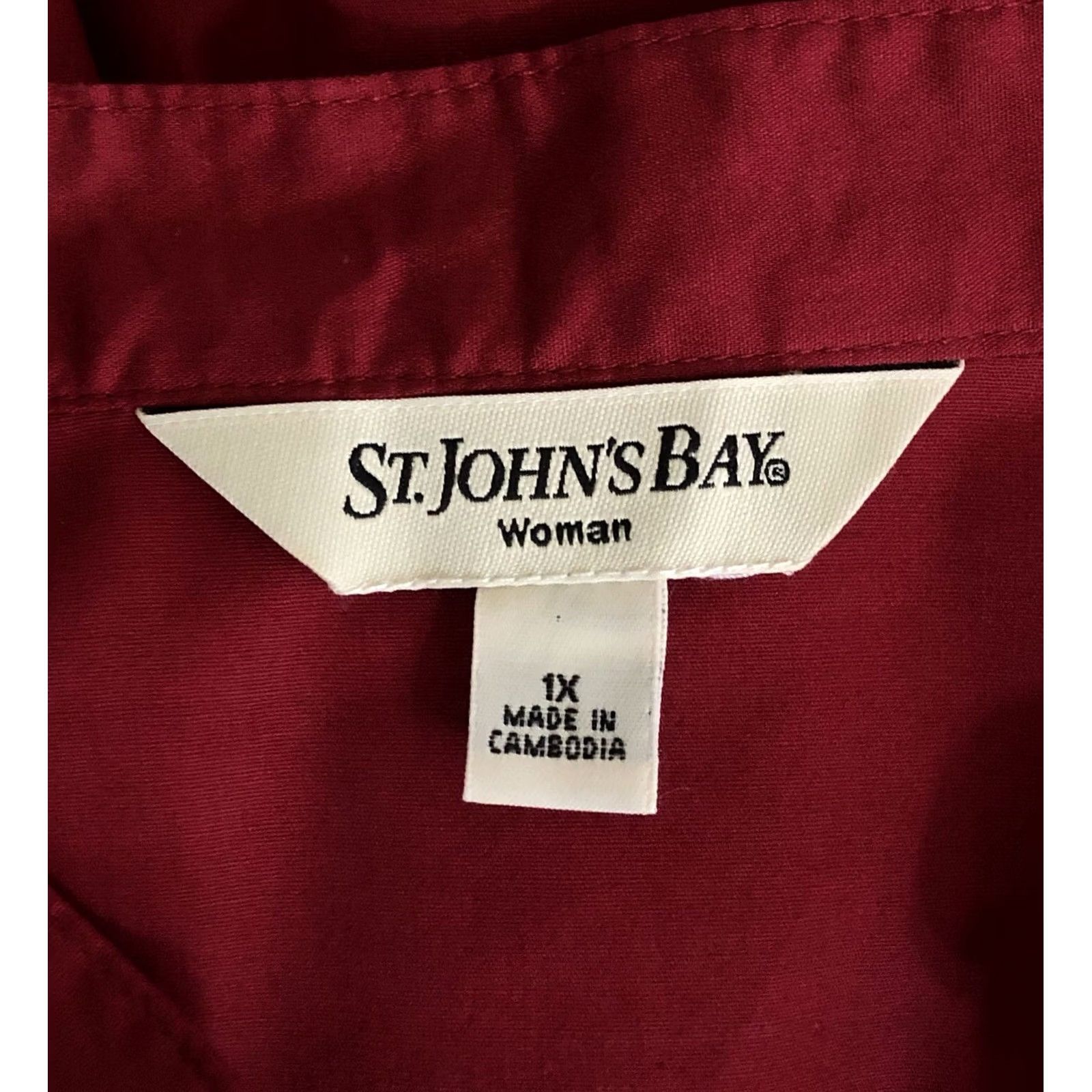 Vintage St. John'S Bay Top 1X Red Button Up Pleated 3/4 Sleeves Mock Collar Career Holiday - Cotton, Spandex Size XL / US 12-14 / IT 48-50 - 4 Thumbnail