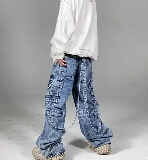 Jean Heavy washed street style long strap wide leg jeans Size US 32 / EU 48 - 1 Thumbnail