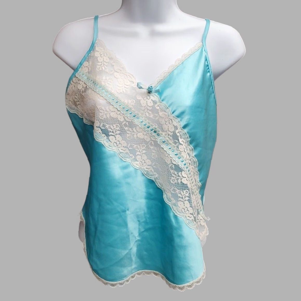 Vintage VINTAGE Paramount Camisole Womens S Blue Ivory Satin Slip Top Lace Bow 70s Retro Size S / US 4 / IT 40 - 2 Thumbnail