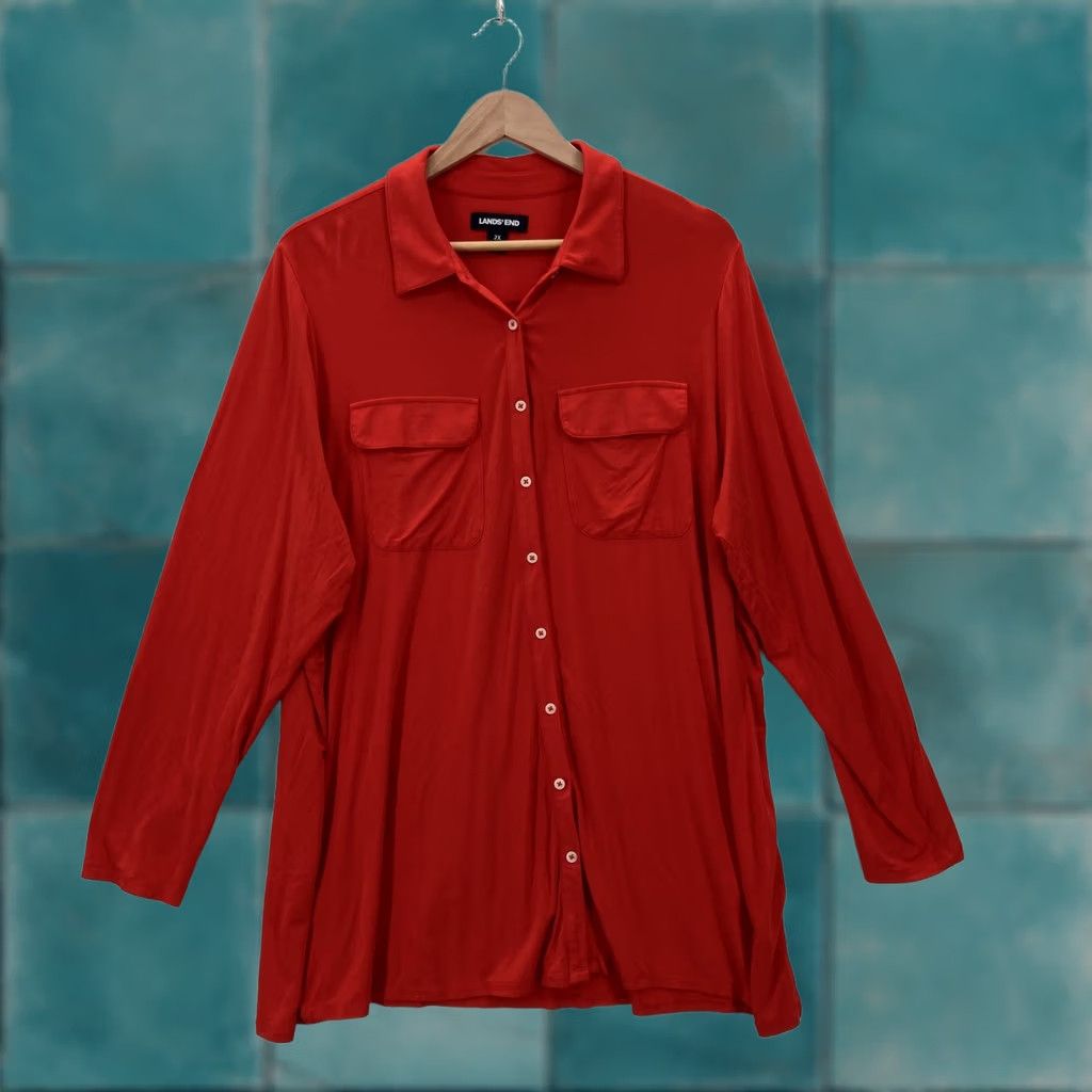 Lands' End Lands' End Shirt Womens 2X Red Button Front Long Sleeve Chest Pockets Lagenlook Size XXL / US 16-18 / IT 52-54 - 1 Thumbnail