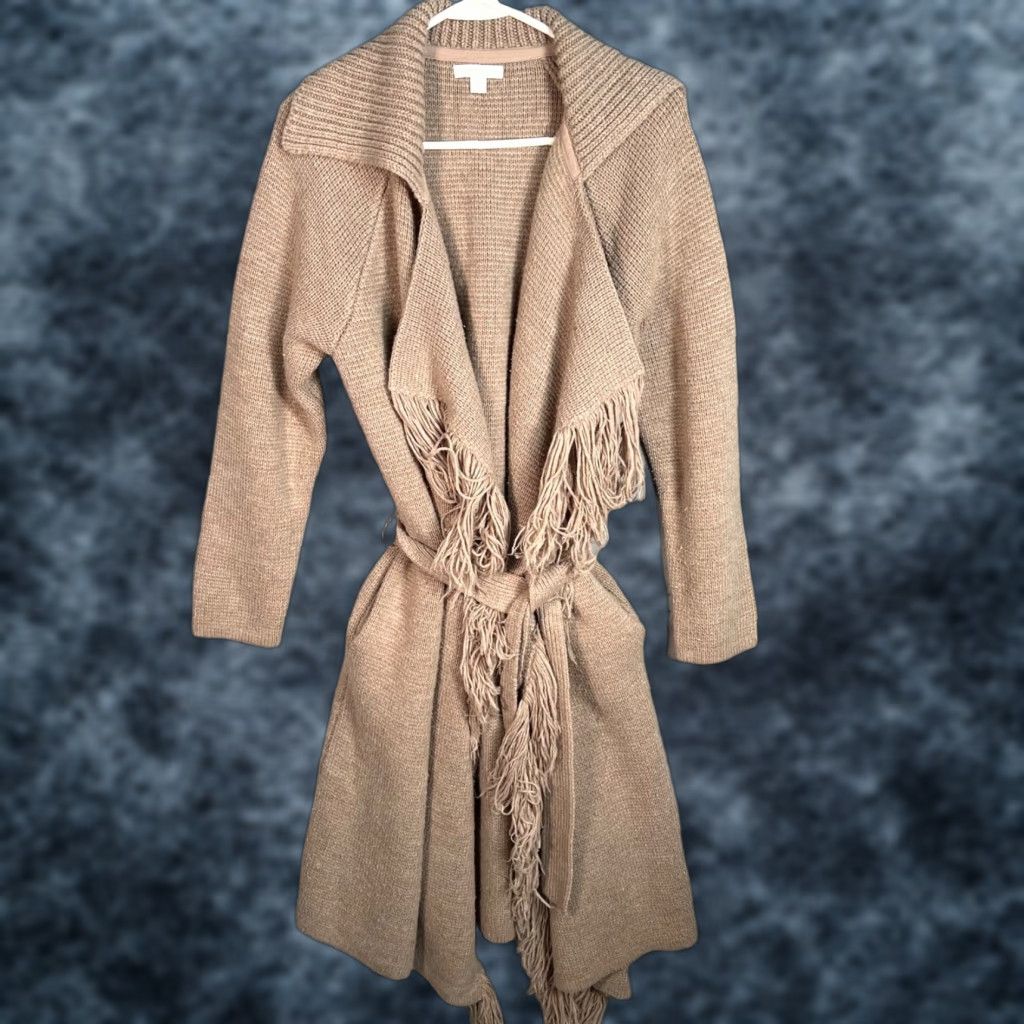 Vintage VINTAGE New York & Company Womens Small Fringe Belted Cardigan Beige Knit Sweater Coat Size S / US 4 / IT 40 - 1 Thumbnail