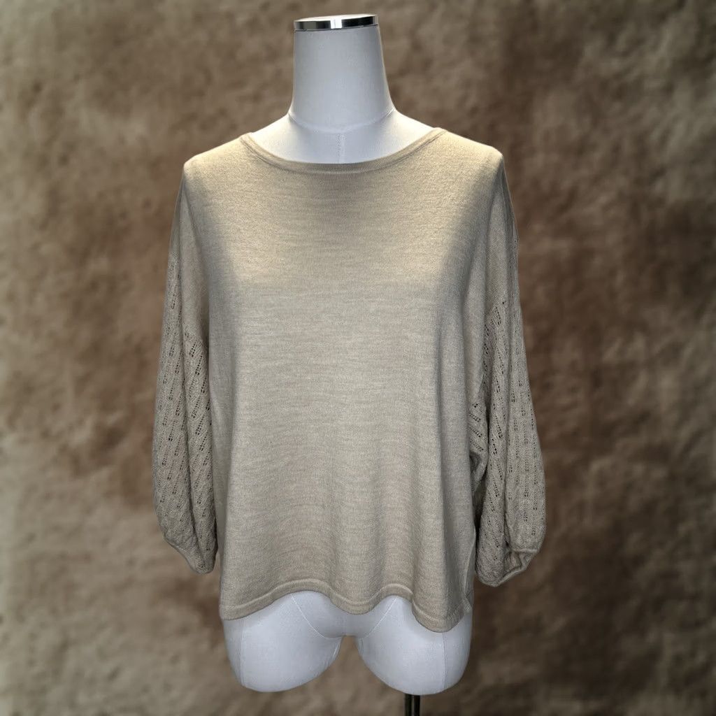 Vintage Garnet Hill Sweater Women’s Small Tan Pointelle Knit Dolman Half Sleeve Relaxed Fit Crew Neck Size S / US 4 / IT 40 - 1 Thumbnail