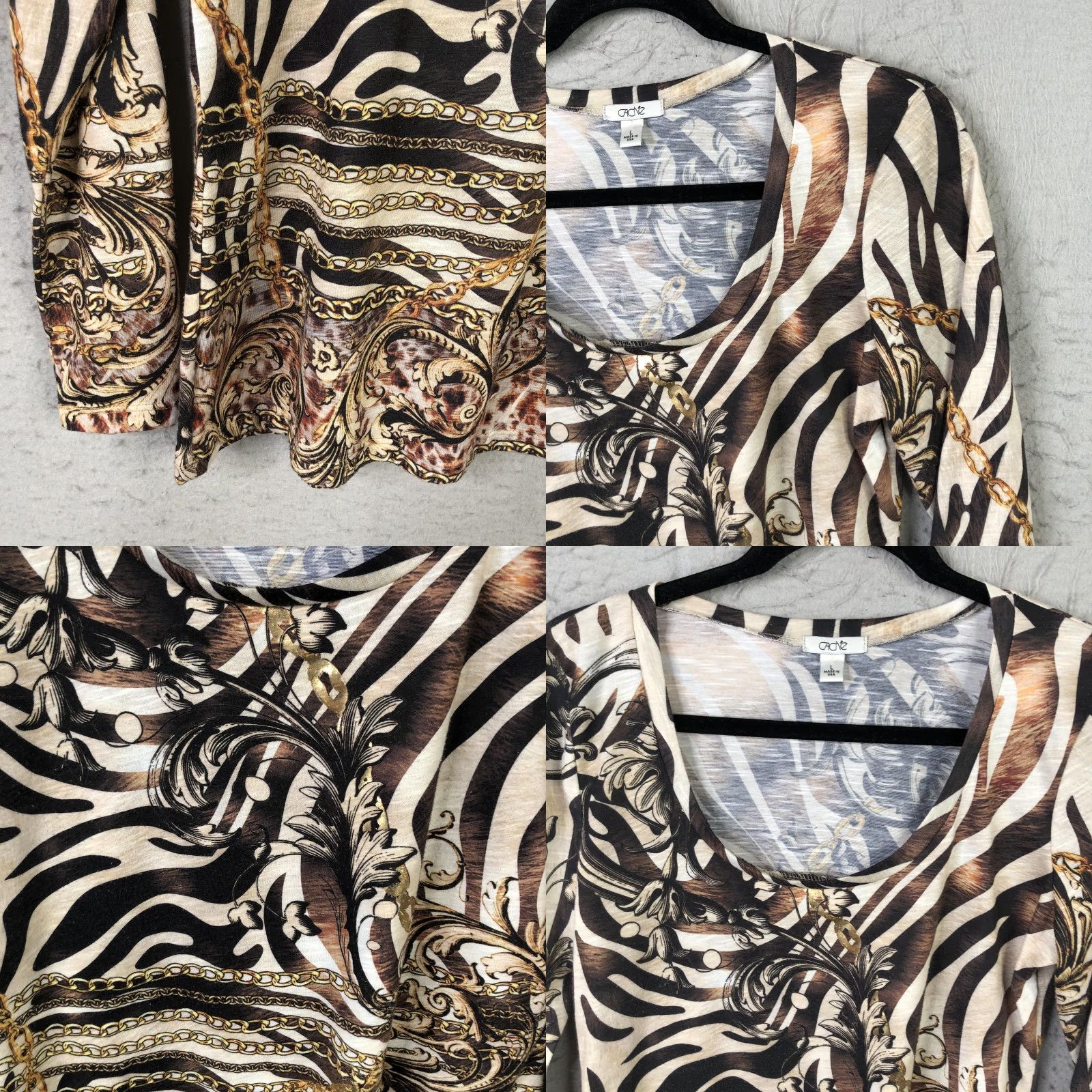 Vintage Cache Womens Large Brown Animal Print Scoop Neck Long Sleeve T-Shirt Jersey Print Size L / US 10 / IT 46 - 9 Thumbnail