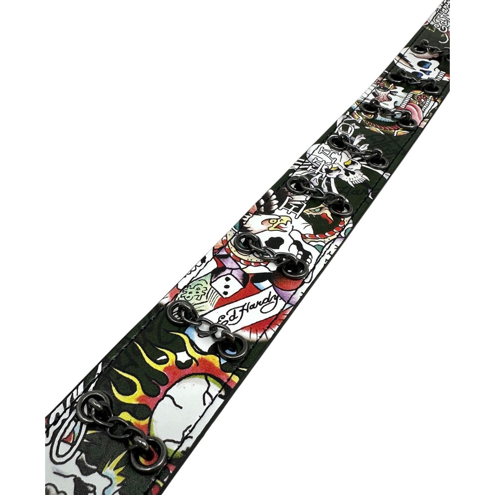 Ed Hardy Ed Hardy Men's Skull Tattoo Olive Belt With Chains Size 36 - 7 Thumbnail