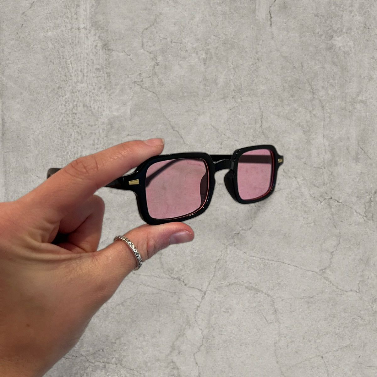 Japanese Brand UV400 square sunglasses in black with pink lens. One size. Size ONE SIZE - 1 Thumbnail