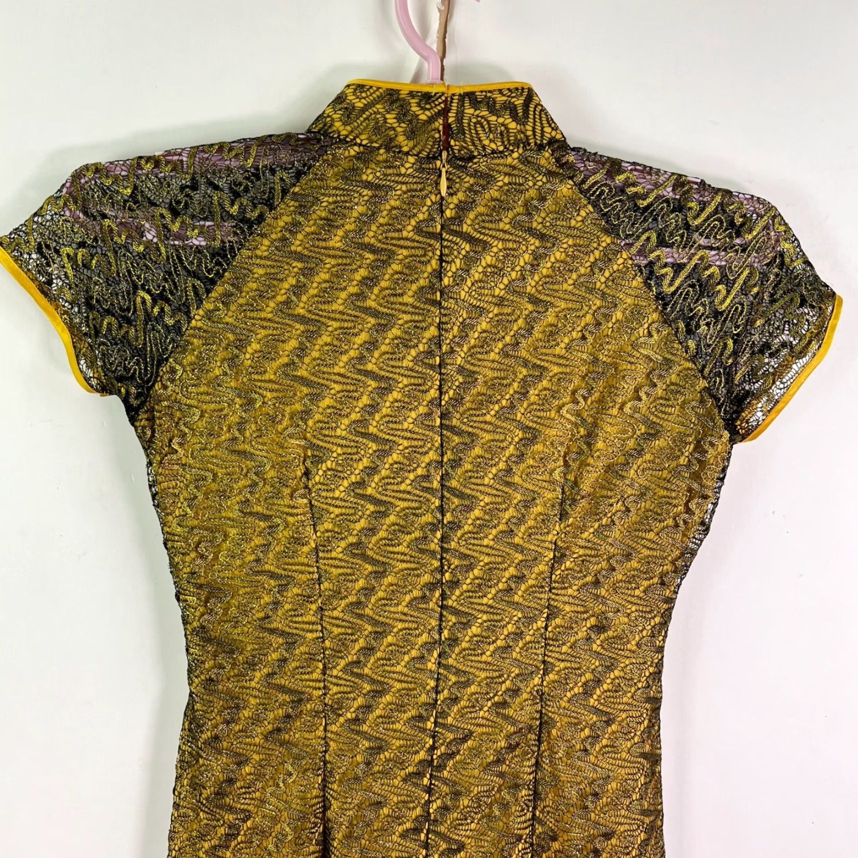 Vintage Brocade Silk Midi Dress XL Yellow Cap Sleeve Mock Neck A-Line Embroidered Flower Womens Size 40" / US 18 - 7 Thumbnail